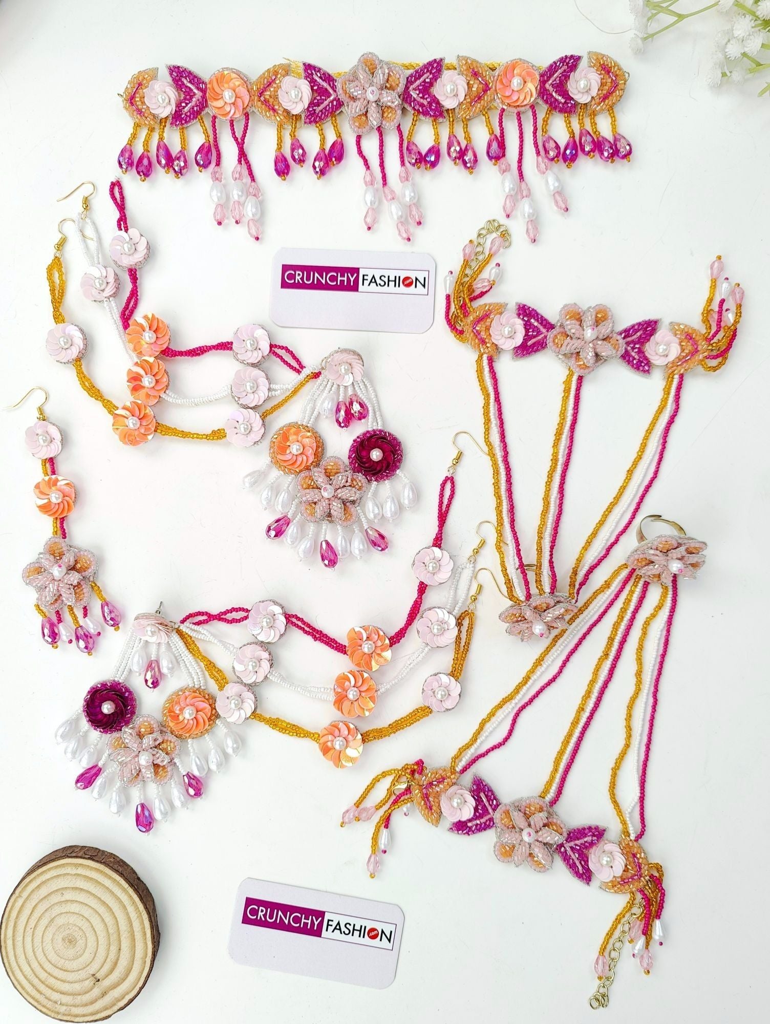 Handmade Peach-Pink floral set in Yellow, Aqua & Sky-Blue for haldi-mehndi, festivals or weddings, perfect spring-summer.