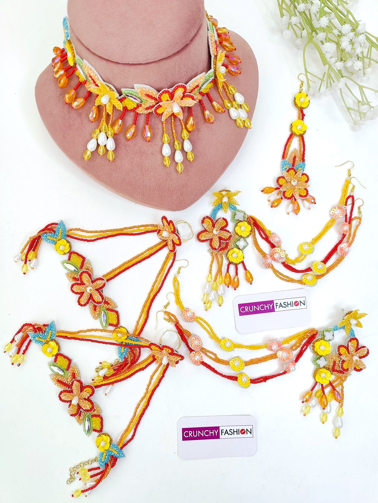Multicolor handmade Designer Carnival floral Jewellery set for Haldi-Mehndi, ideal for women and girls