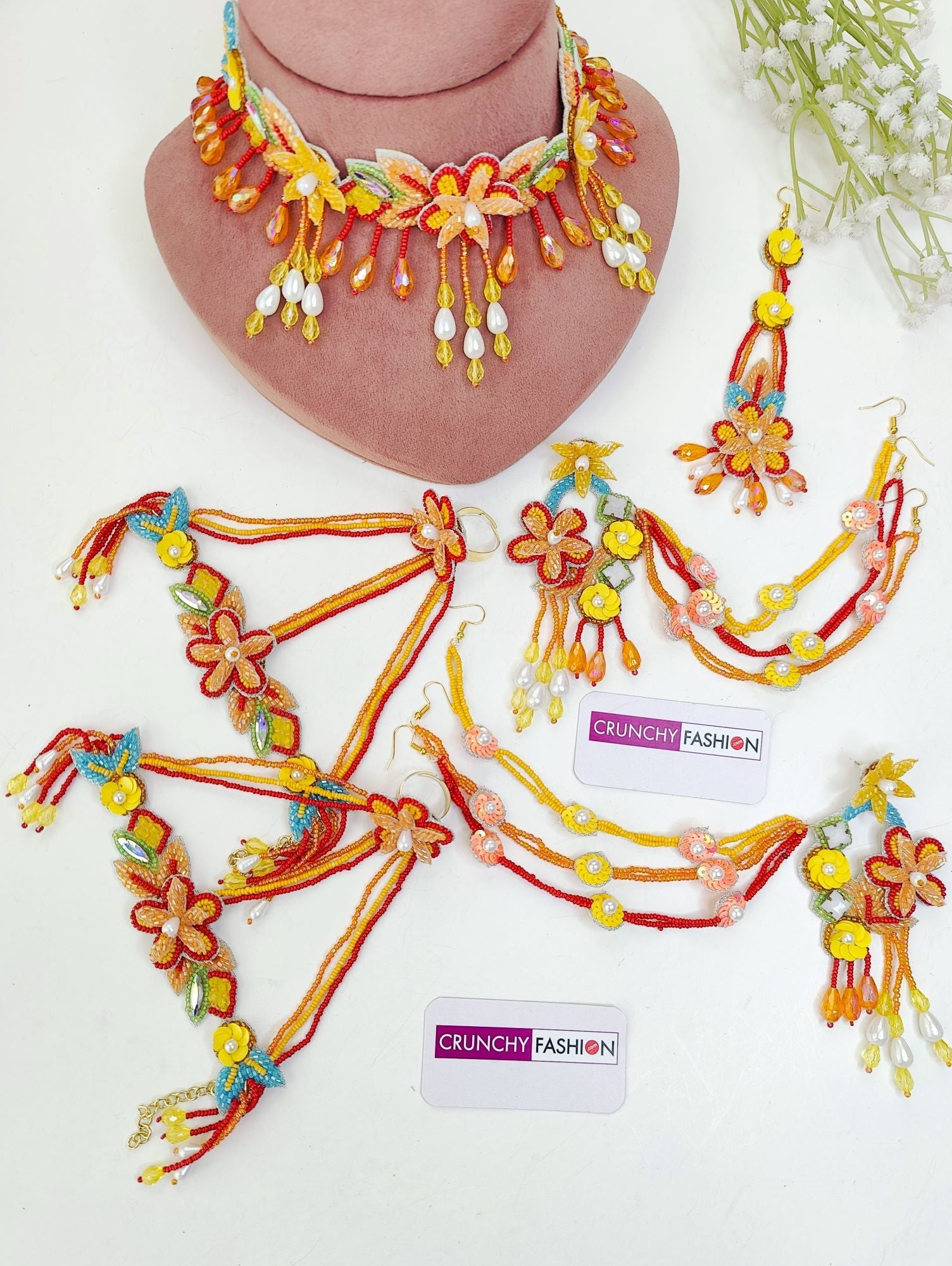 Multicolor handmade Designer Carnival floral Jewellery set for Haldi-Mehndi, ideal for women and girls