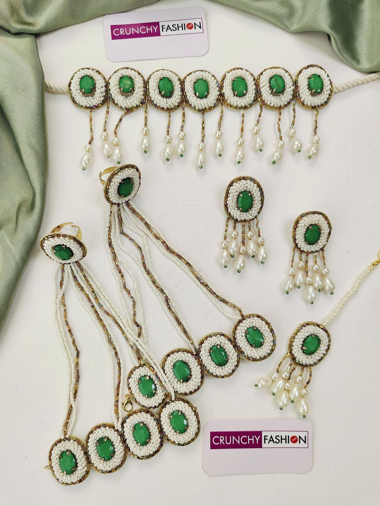 Handcrafted Green Crystal Pearl Bridal Jewelry Set for Haldi: Necklace, Earrings, Hathhools, Maang Tika, Floral Theme