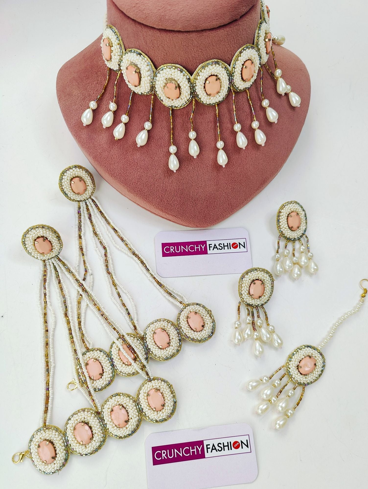 Handcrafted Peach Crystal Pearl jewellery set for haldi-Mehndi with floral theme, Designer Carnival collection for brides,