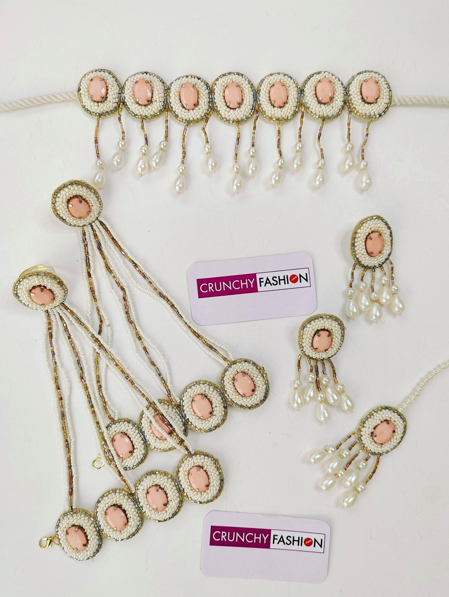 Handcrafted Peach Crystal Pearl jewellery set for haldi-Mehndi with floral theme, Designer Carnival collection for brides,
