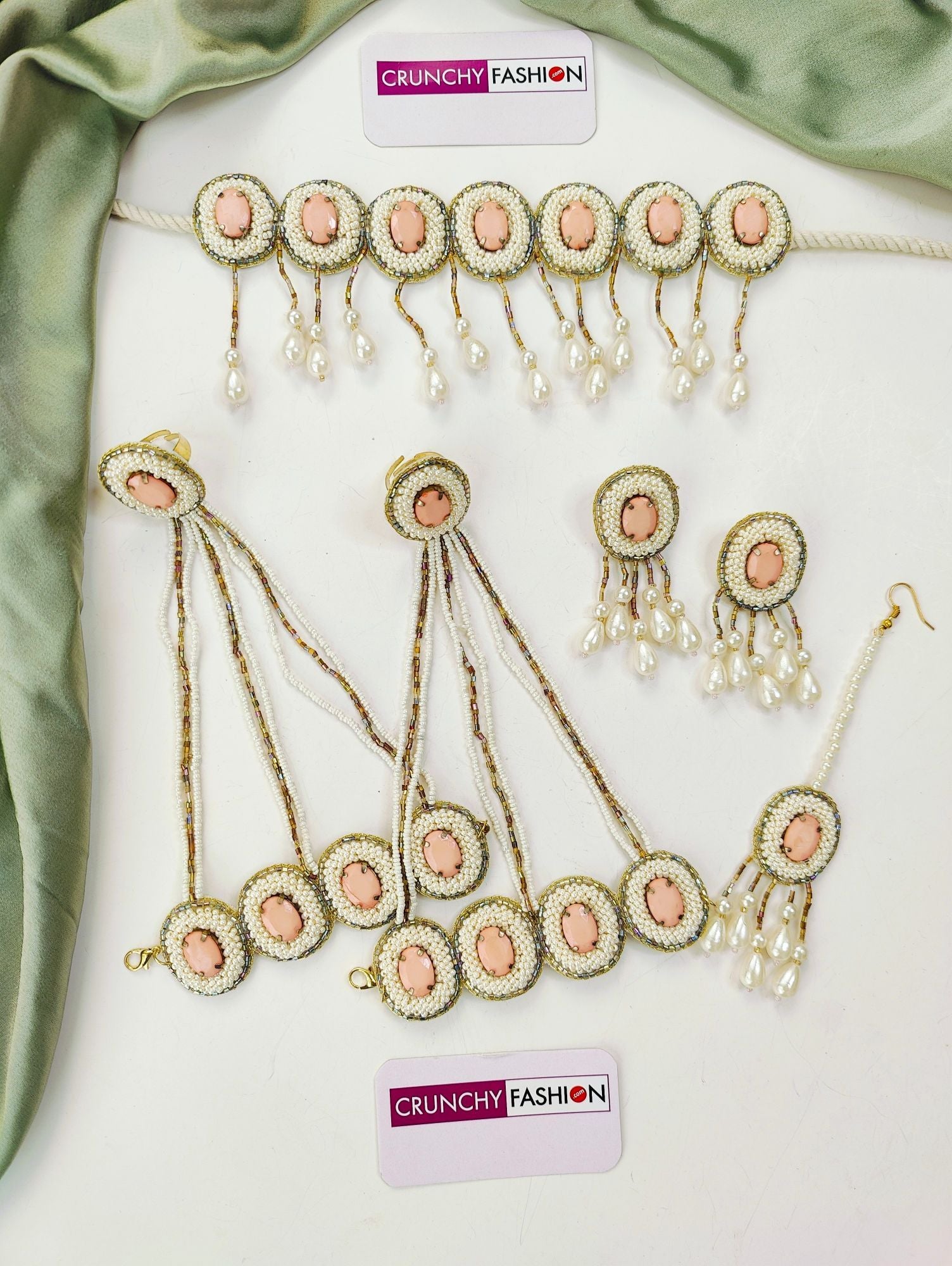 Handcrafted Peach Crystal Pearl jewellery set for haldi-Mehndi with floral theme, Designer Carnival collection for brides,