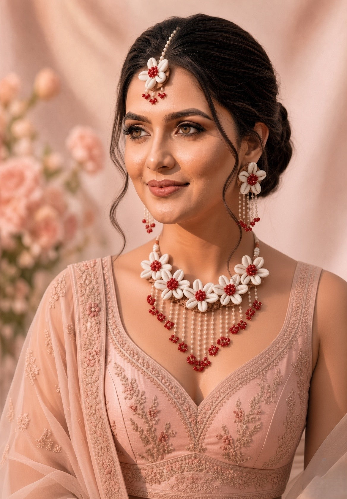 Pink Pearl & Cowrie Shell Haldi Mehndi Jewellery Set Bride