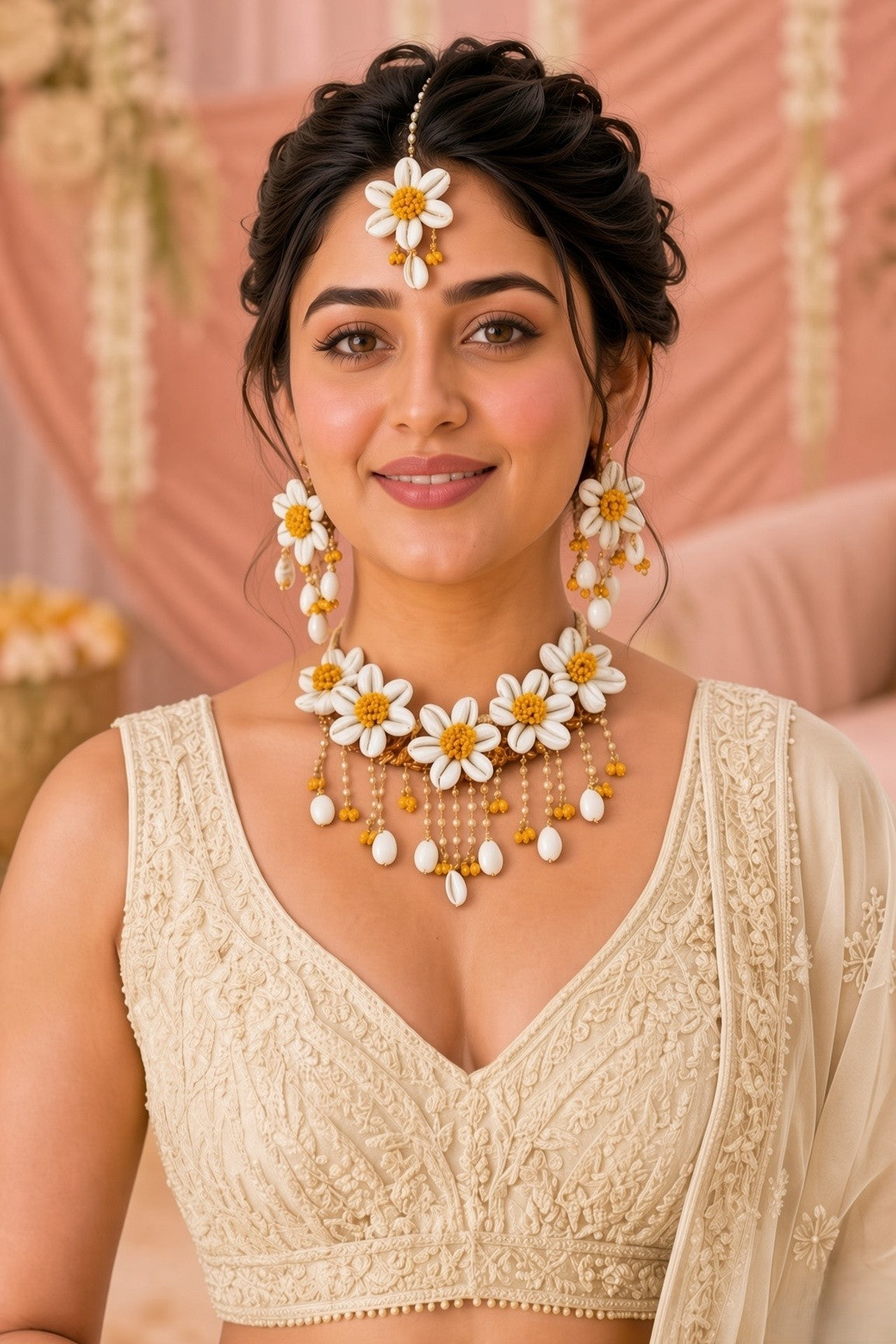 Yellow Pearl & Cowrie Shell Haldi Jewellery Set for Brides