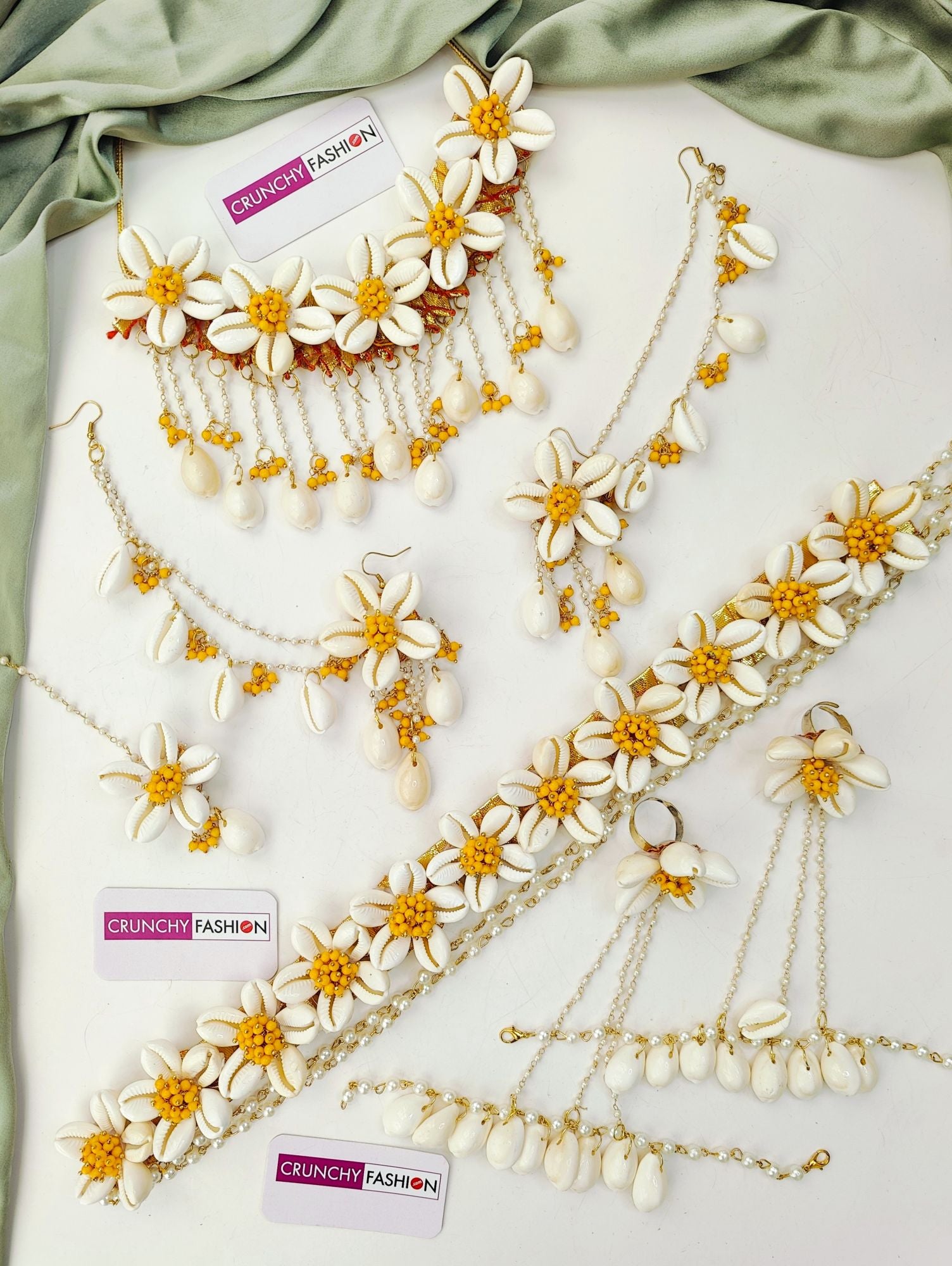 Yellow Pearl & Cowrie Shell Haldi Jewellery Set for Brides