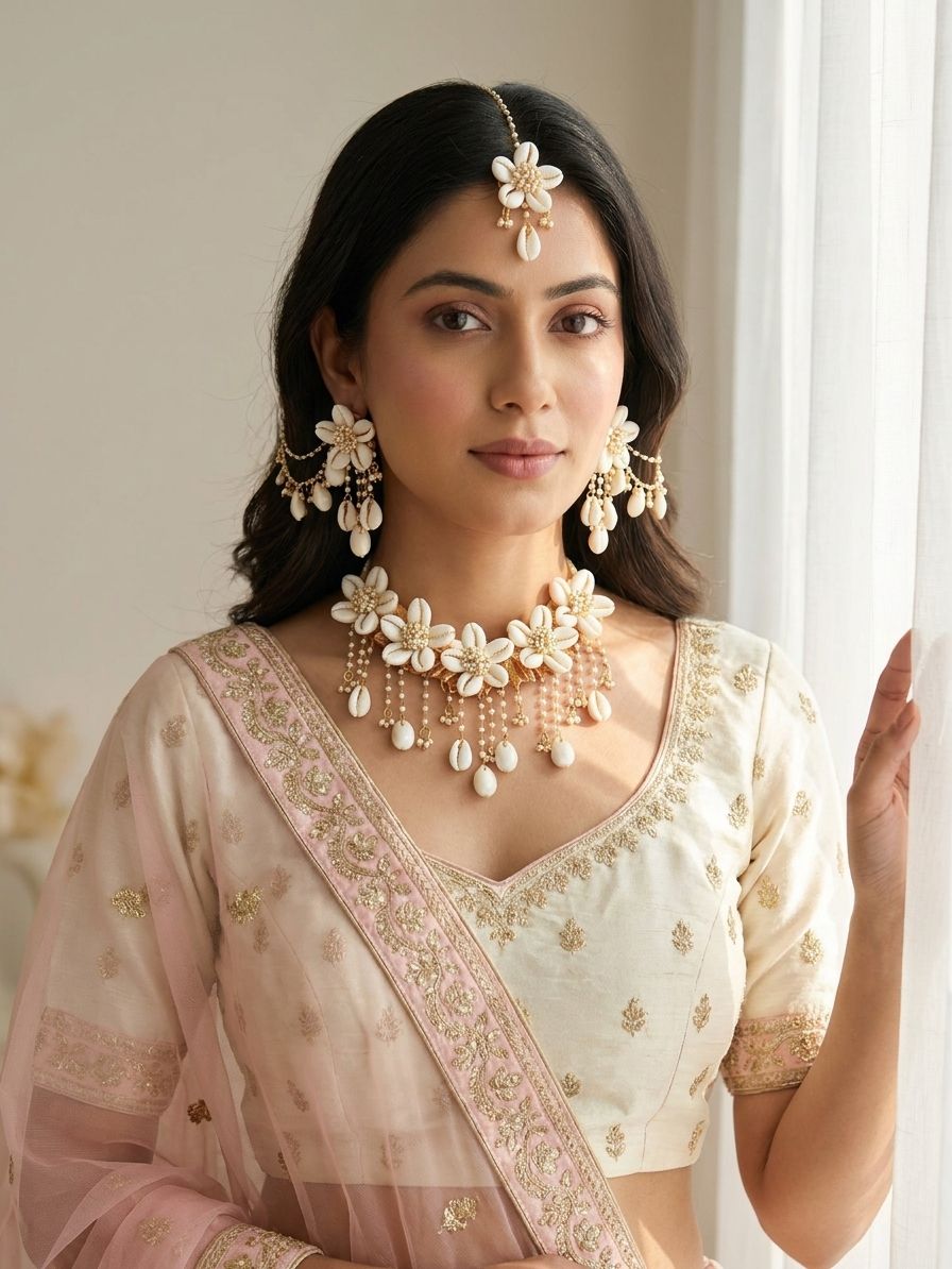 White Cowrie Sea Shell Flower Jewellery Set for Haldi & Mehndi