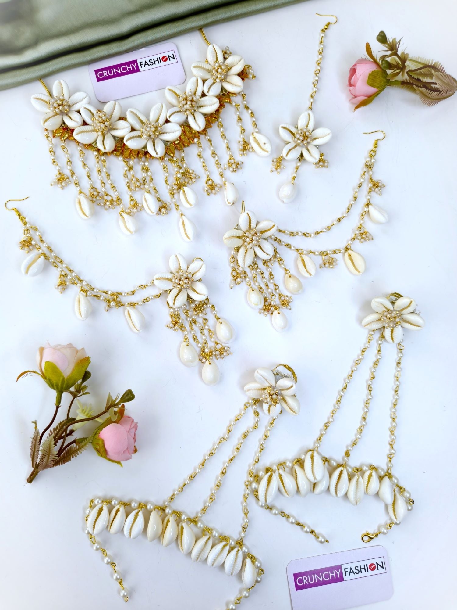 White Cowrie Sea Shell Flower Jewellery Set for Haldi & Mehndi