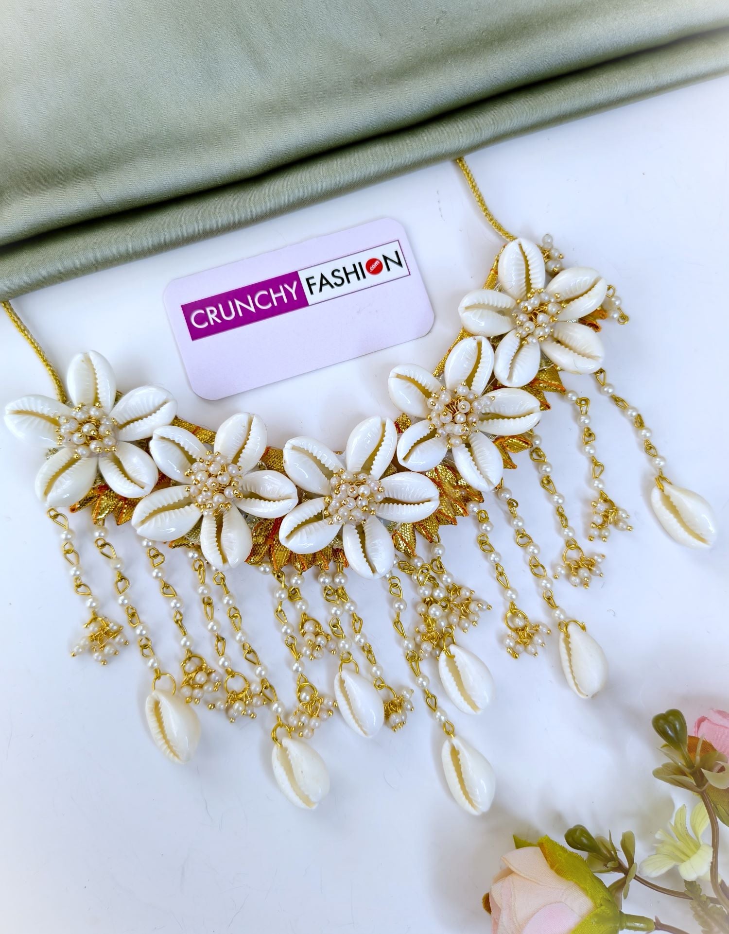 White Cowrie Sea Shell Flower Jewellery Set for Haldi & Mehndi