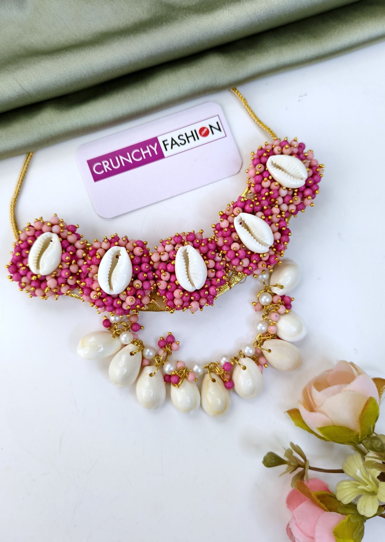 Hot Pink Pearl & Cowrie Shell Handmade Haldi Jewellery