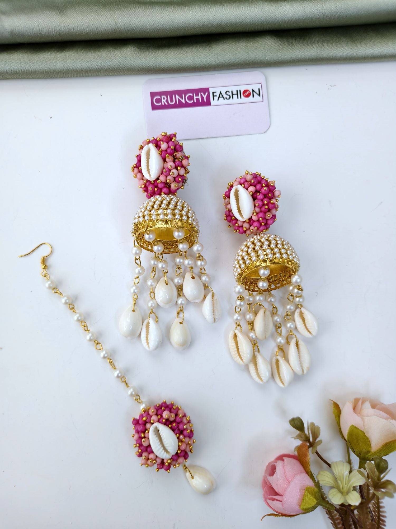 Hot Pink Pearl & Cowrie Shell Handmade Haldi Jewellery