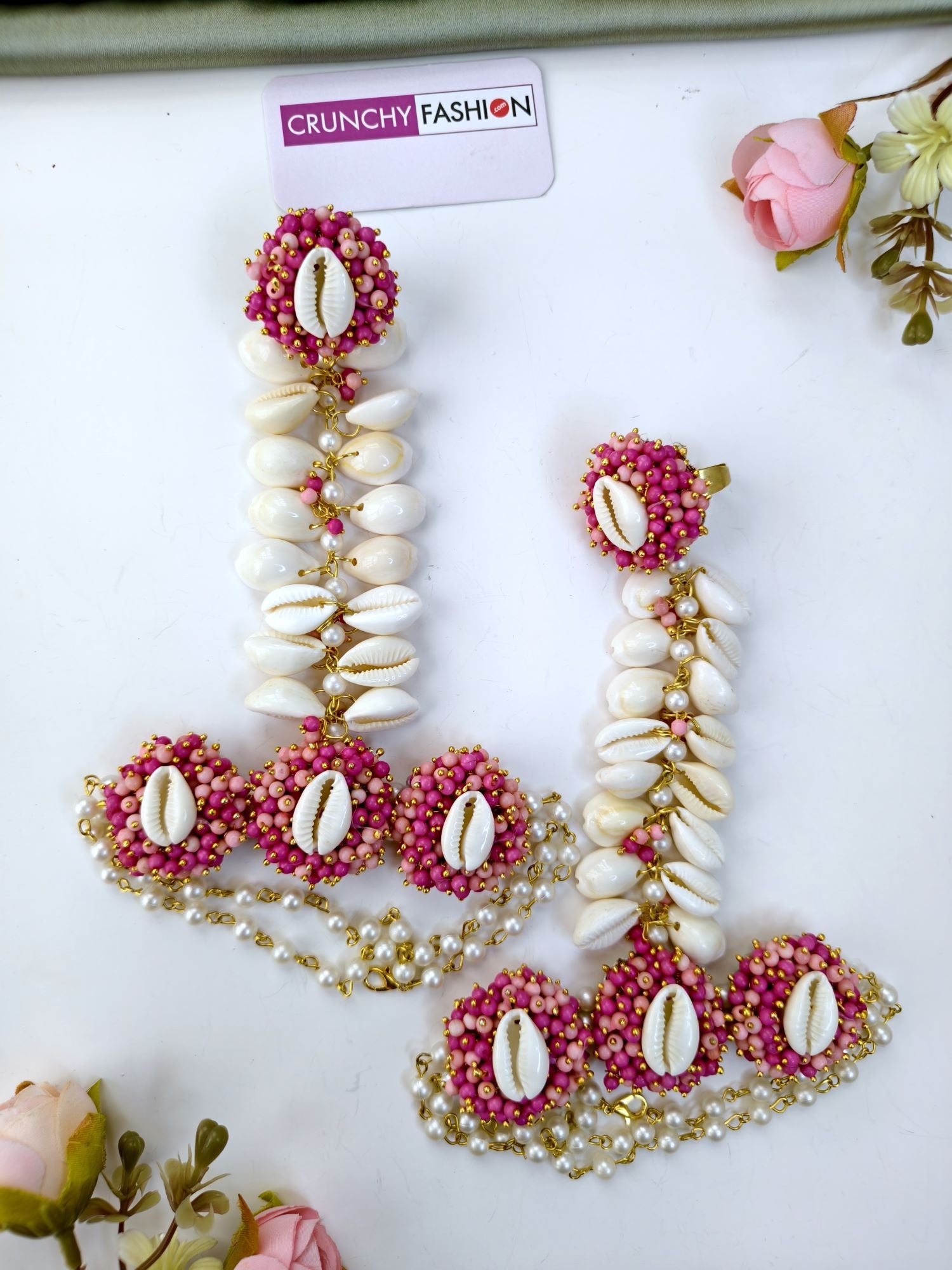 Hot Pink Pearl & Cowrie Shell Handmade Haldi Jewellery