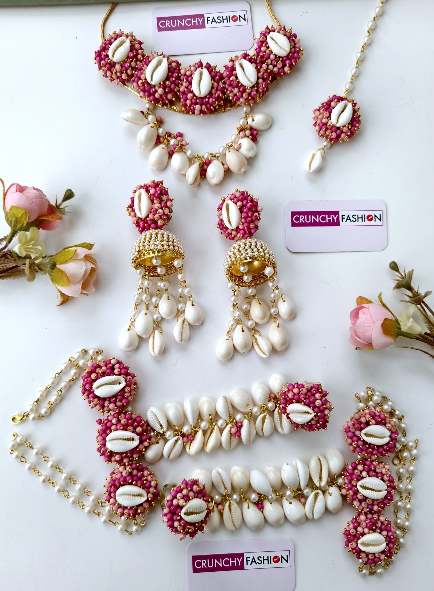 Hot Pink Pearl & Cowrie Shell Handmade Haldi Jewellery