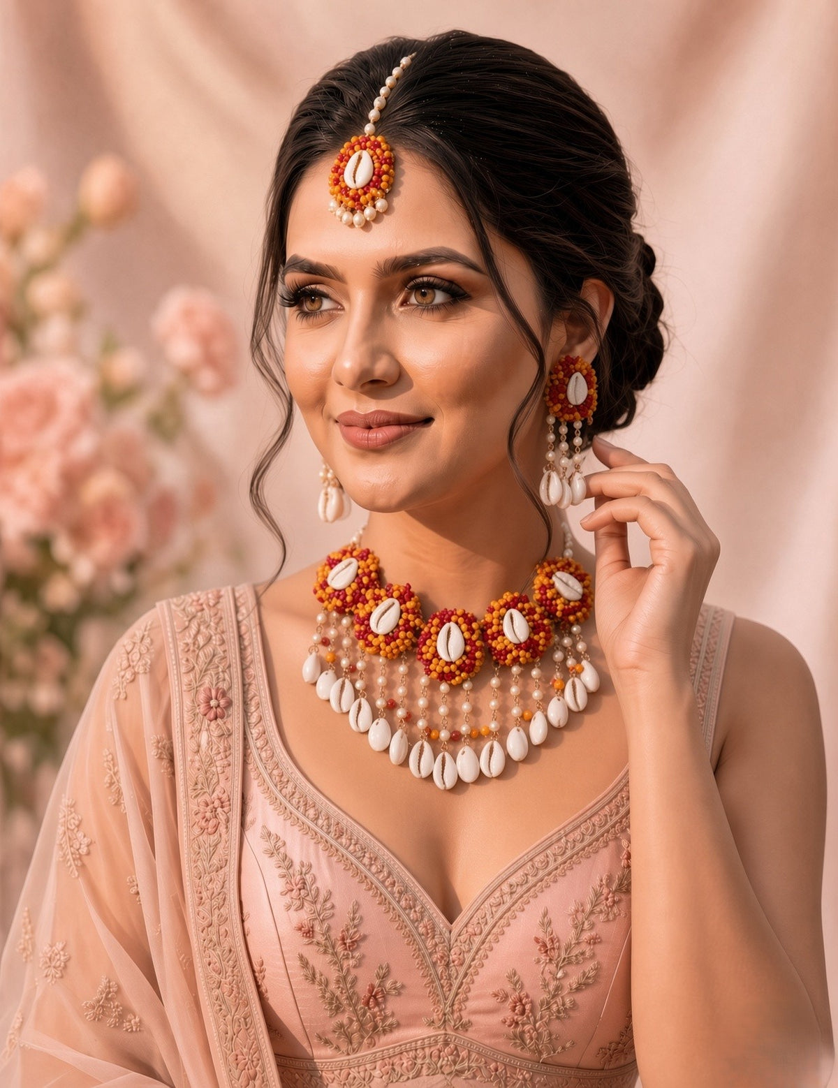 Pink-Orange Pearls Sea Shell Jewellery with Kalira for Haldi