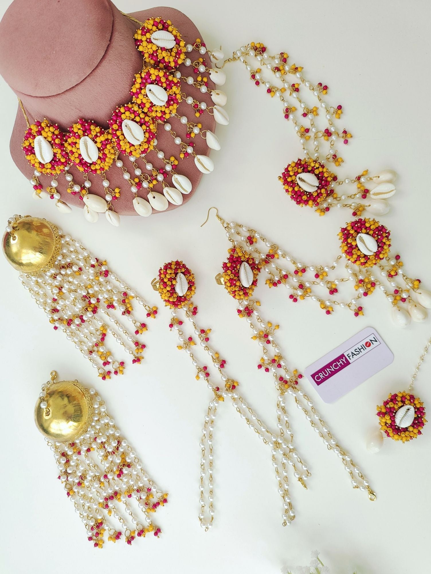 Haldi Mehndi set in orange with seashell & flower designs for women & girls, for festivals, weddings, engagements