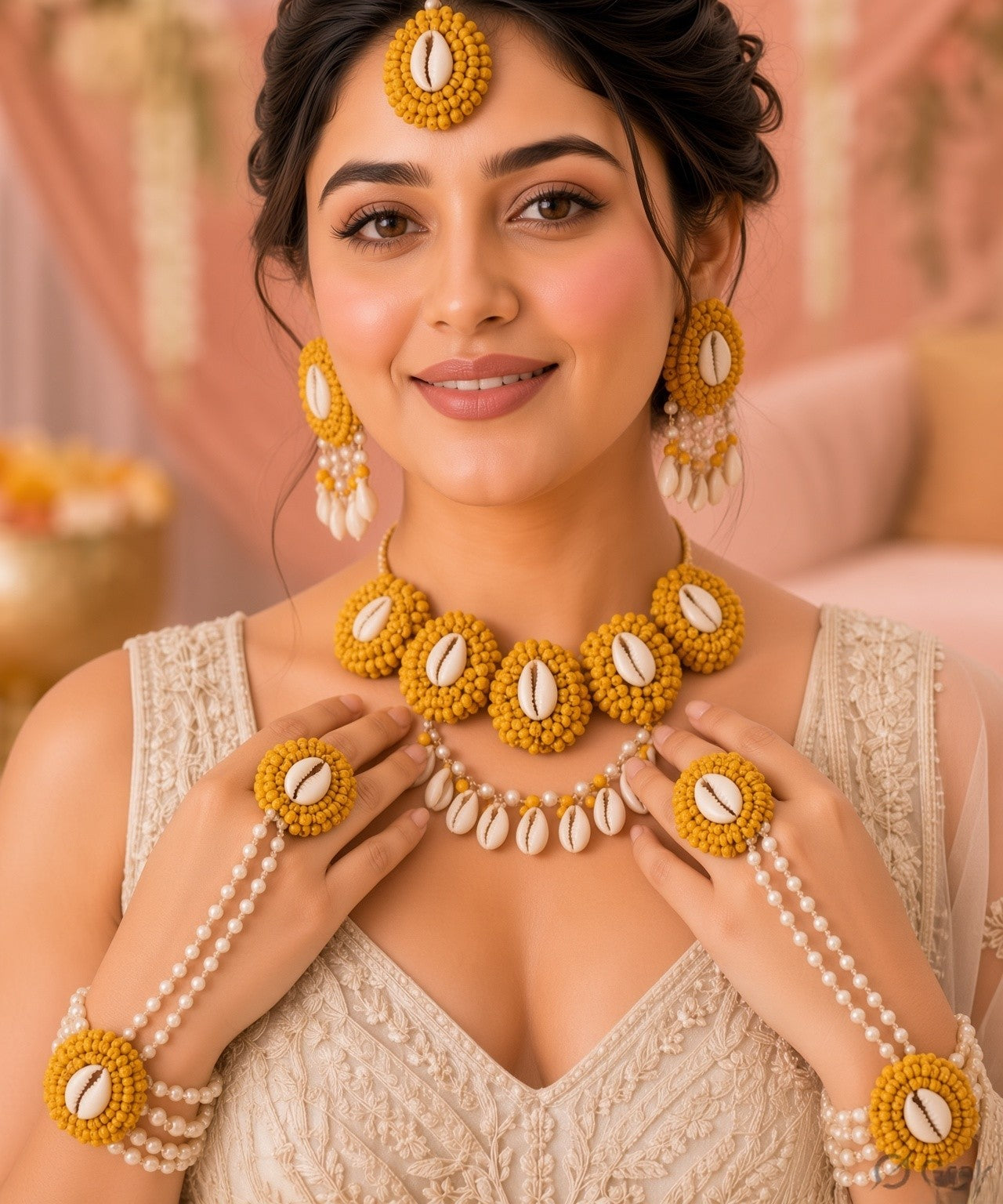 Yellow Pearl & Sea Shell Jewellery Set for Haldi-Mehndi