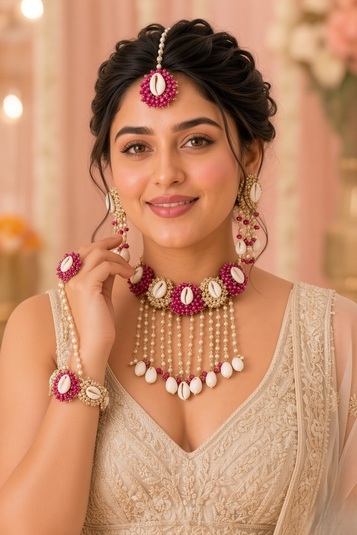 Pink-White Pearls Sea-Shell Jewellery Set for Haldi Mehndi