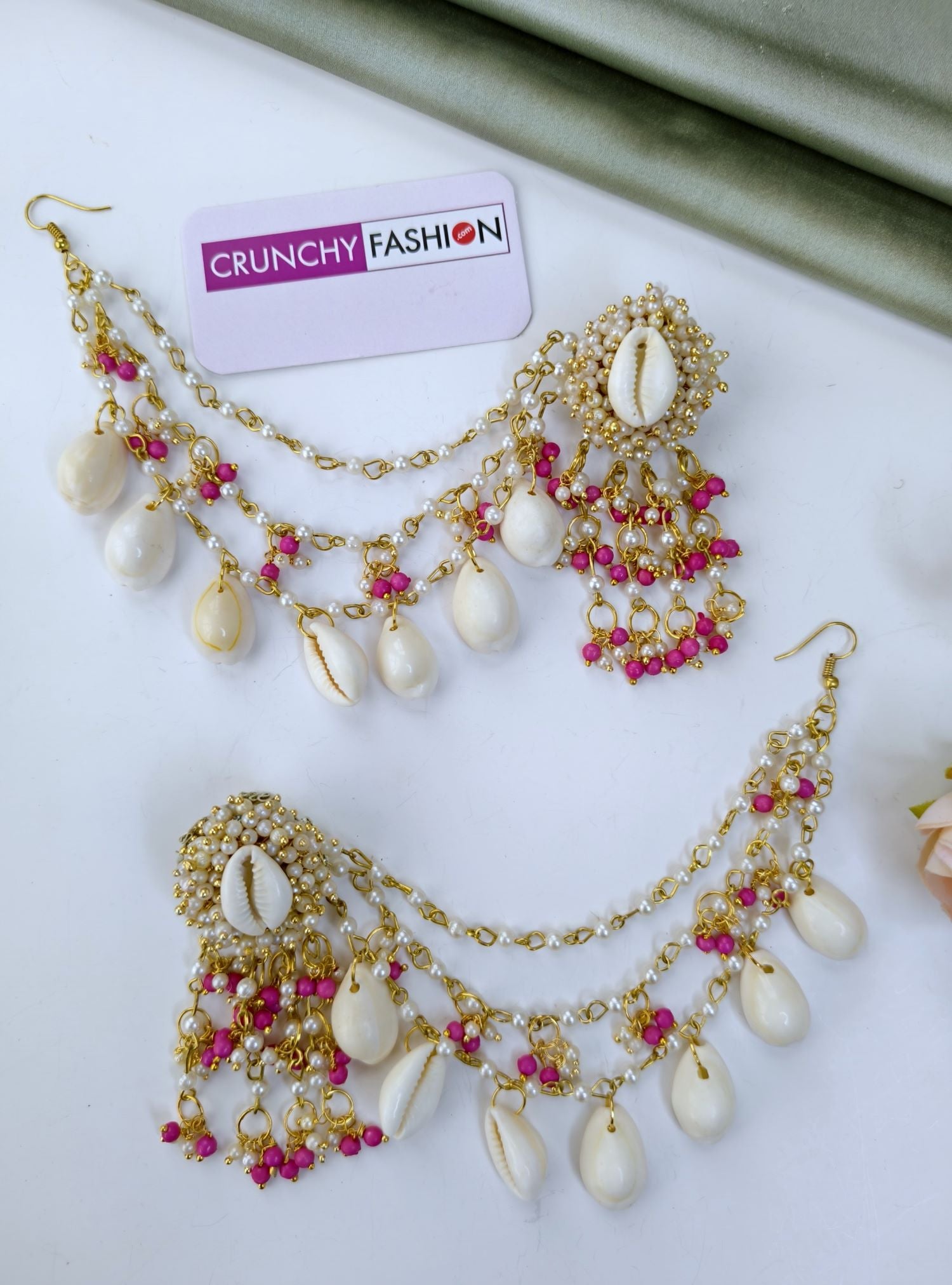 Pink-White Pearls Sea-Shell Jewellery Set for Haldi Mehndi