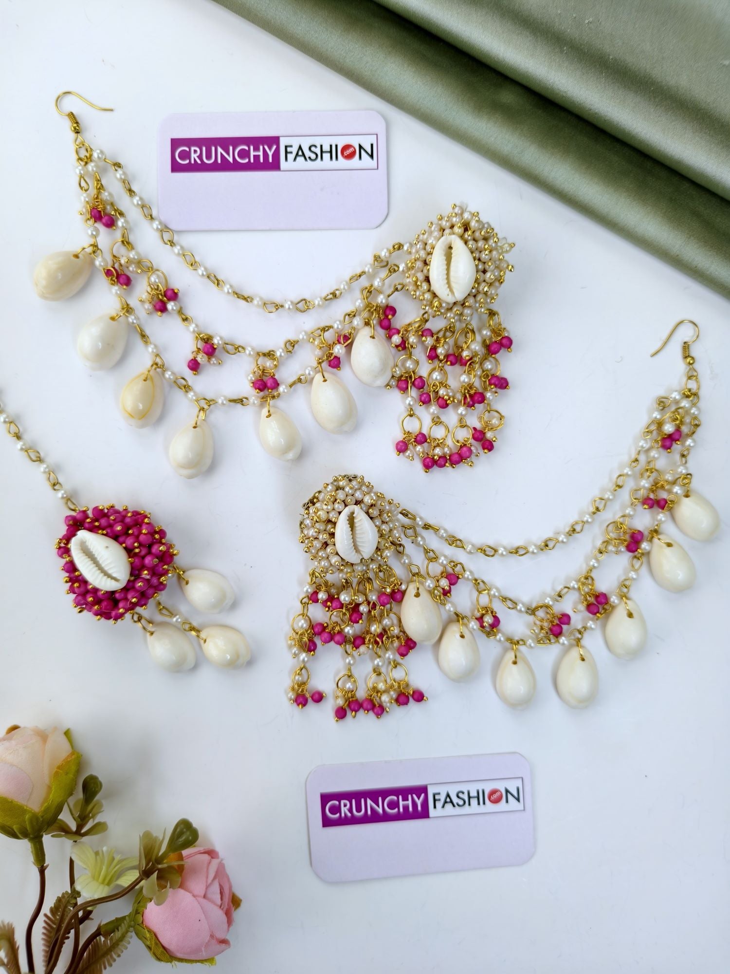Pink-White Pearls Sea-Shell Jewellery Set for Haldi Mehndi