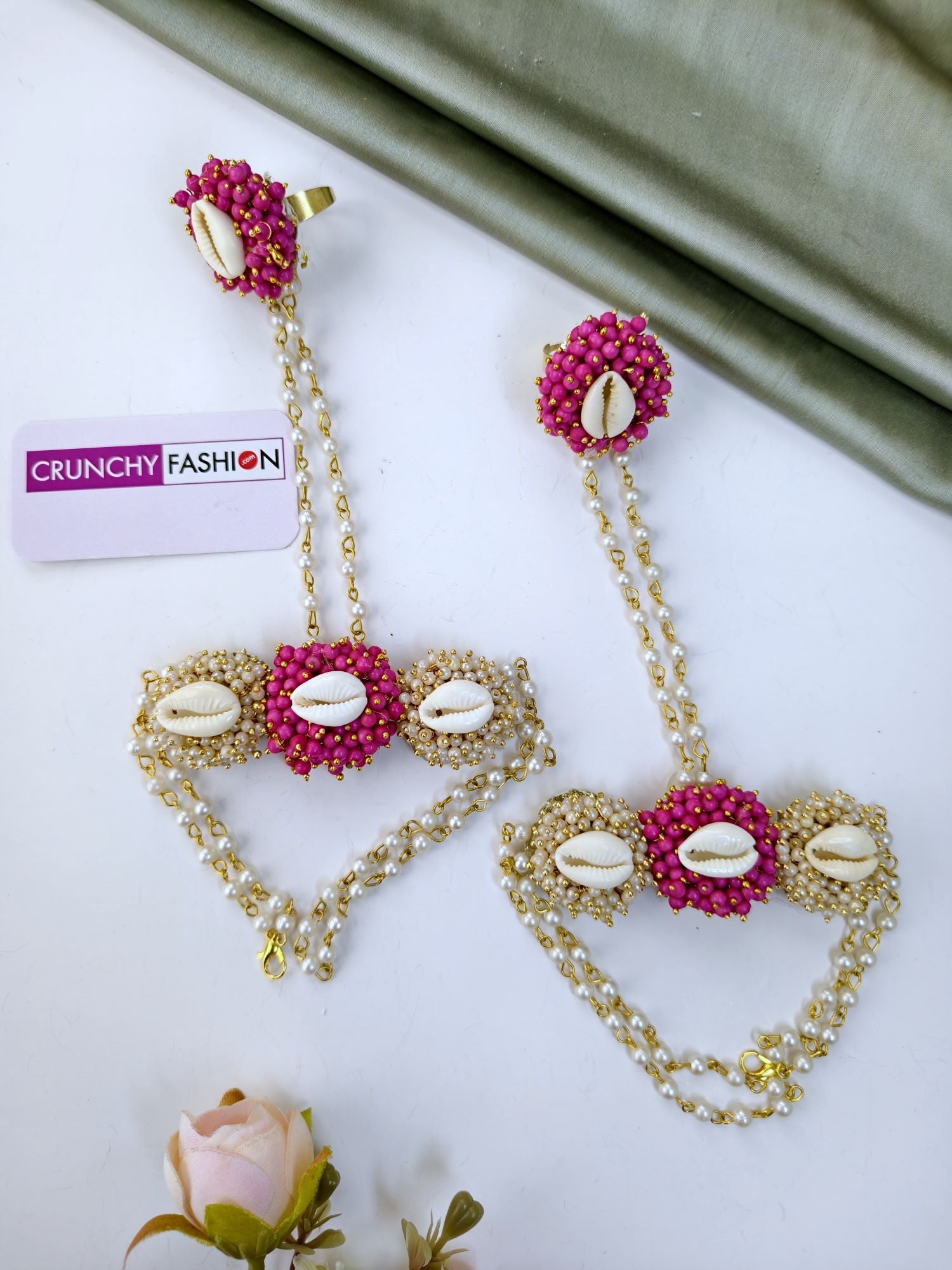 Pink-White Pearls Sea-Shell Jewellery Set for Haldi Mehndi