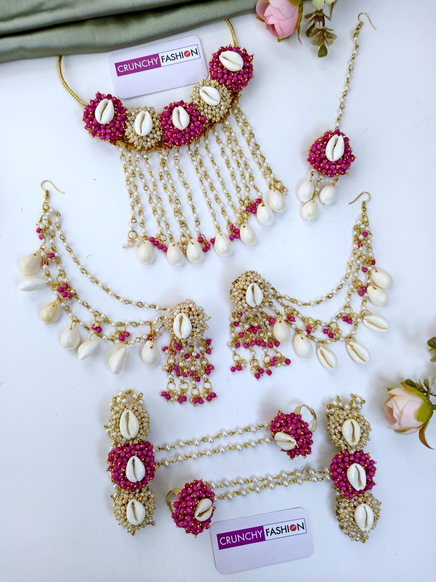 Pink-White Pearls Sea-Shell Jewellery Set for Haldi Mehndi