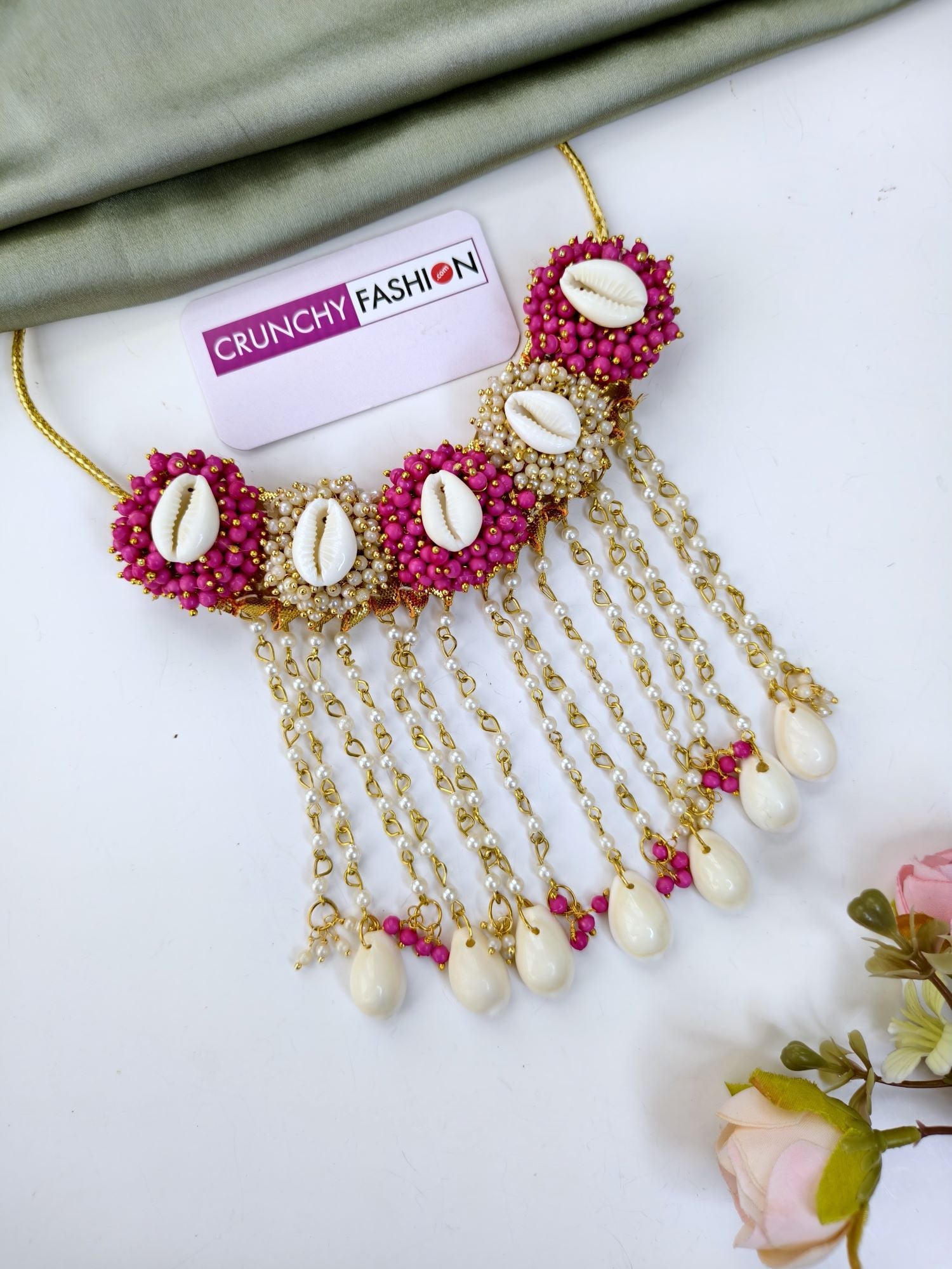 Pink-White Pearls Sea-Shell Jewellery Set for Haldi Mehndi