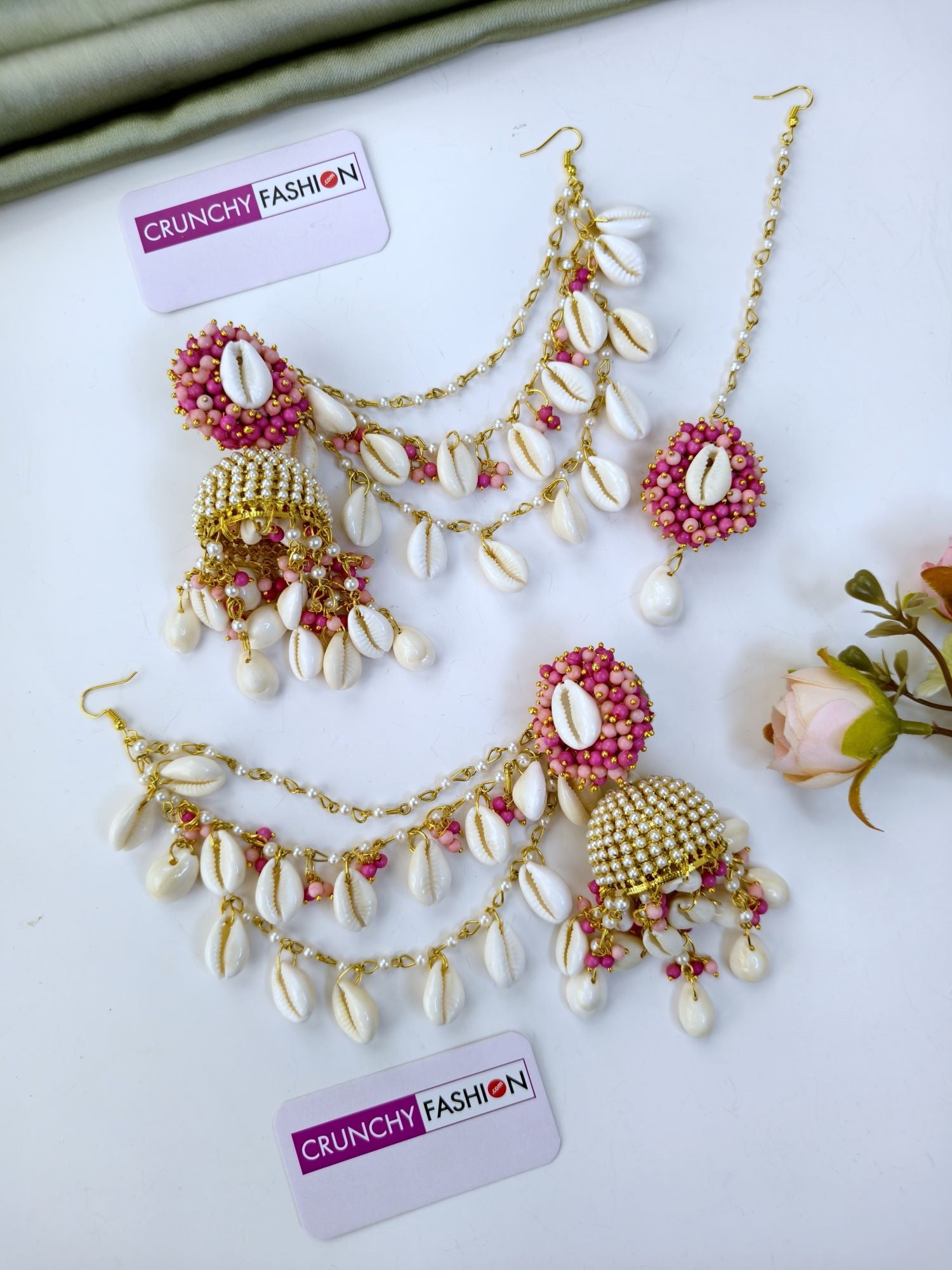 Pink Pearl & Cowrie haldi Jewellery Set with Kaliras, Ear Chain