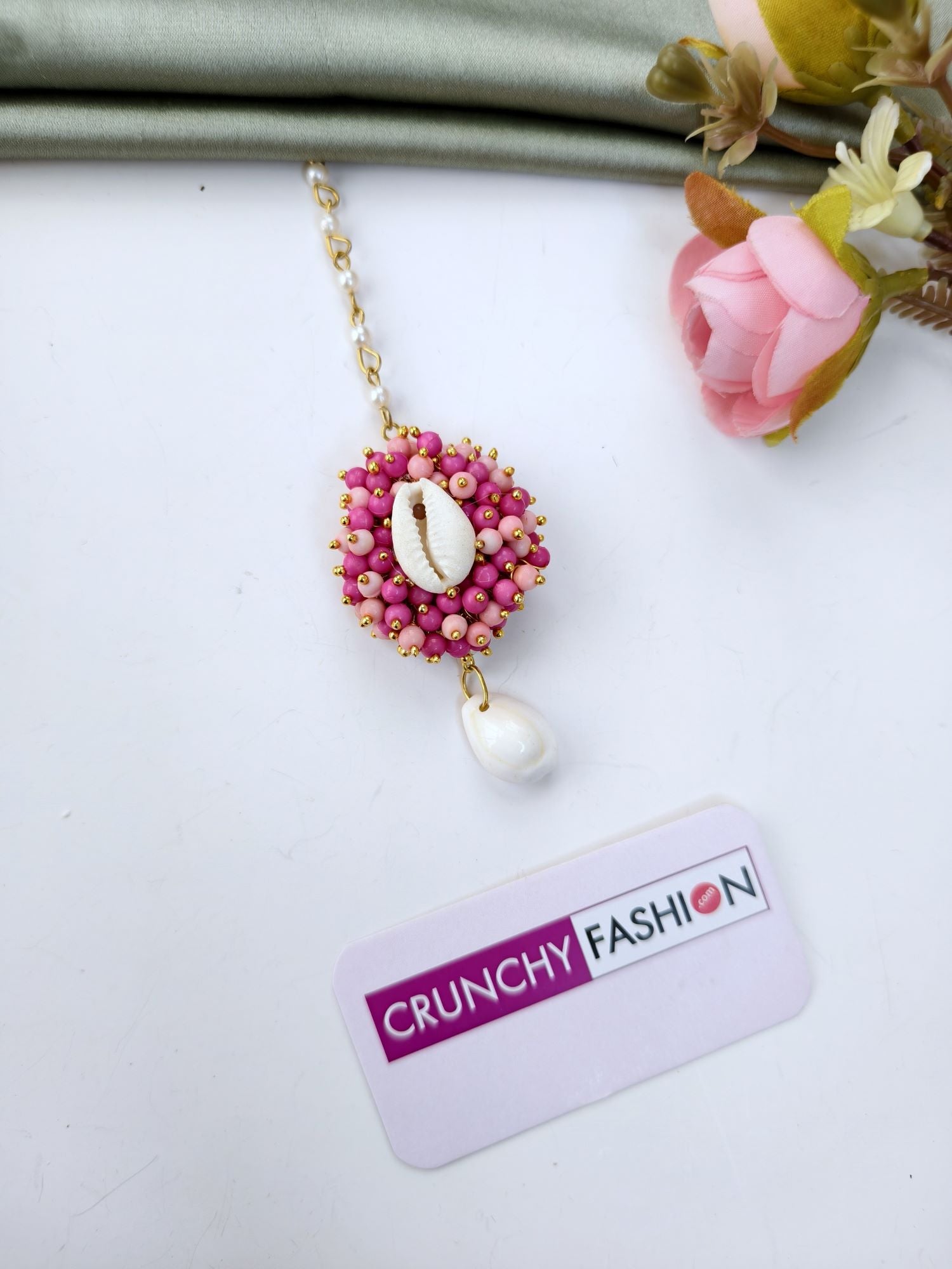 Pink Pearl & Cowrie haldi Jewellery Set with Kaliras, Ear Chain