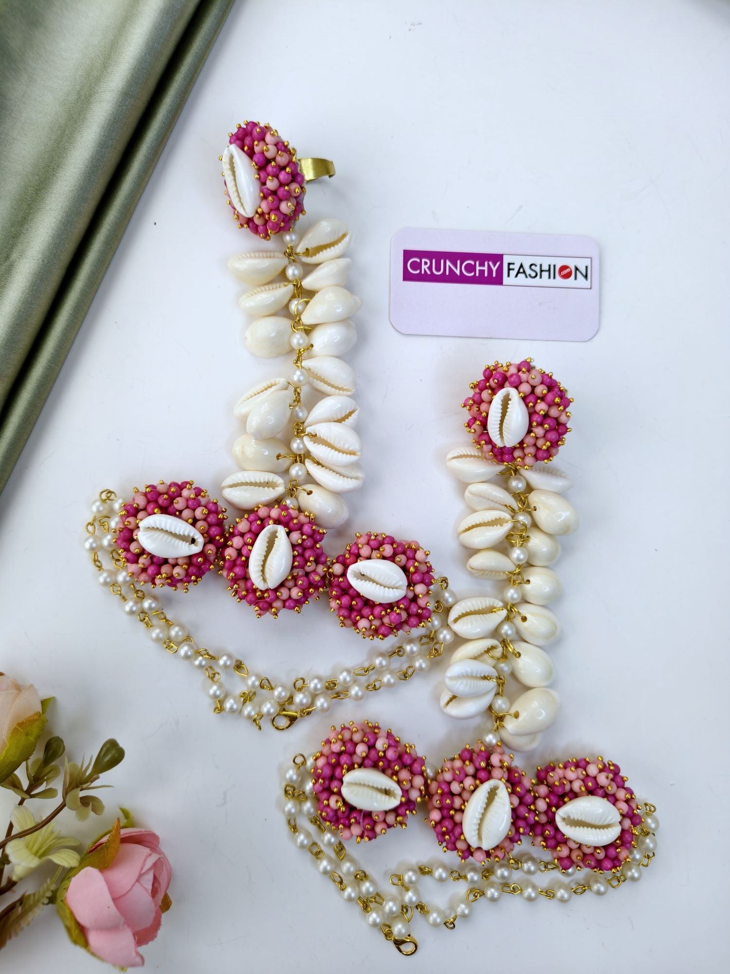Pink Pearl & Cowrie haldi Jewellery Set with Kaliras, Ear Chain