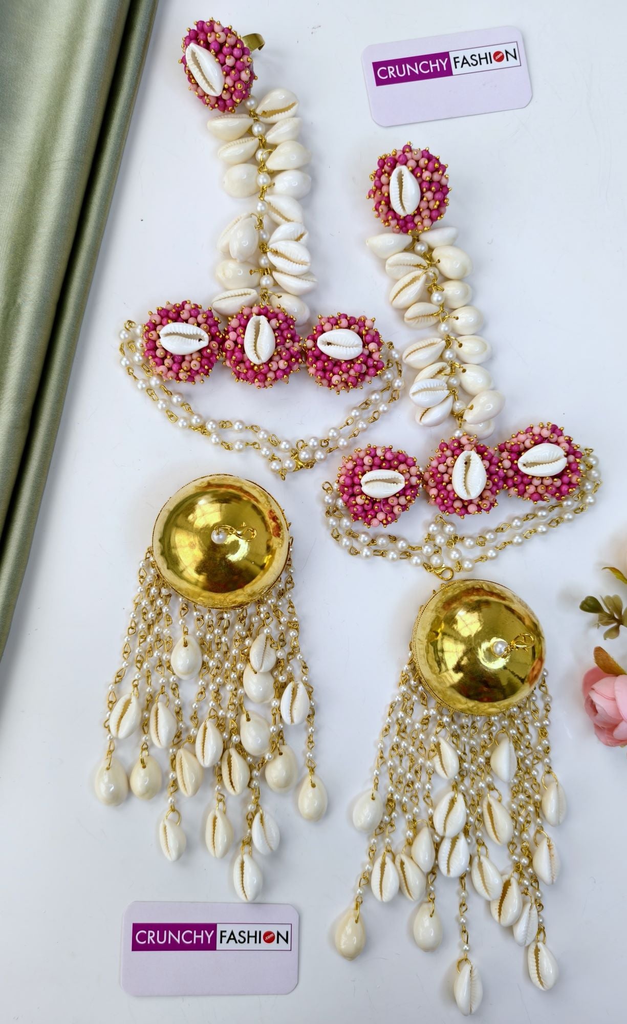 Pink Pearl & Cowrie haldi Jewellery Set with Kaliras, Ear Chain