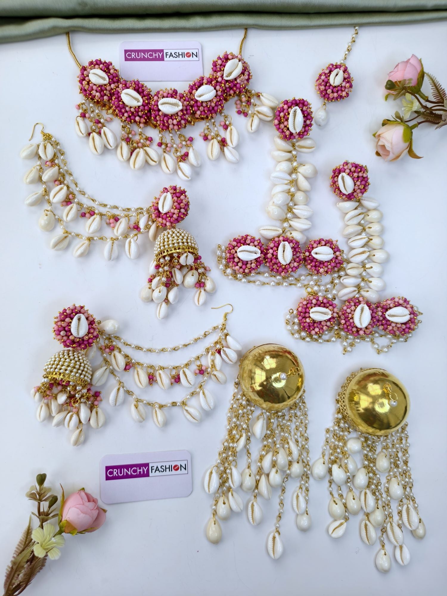 Pink Pearl & Cowrie haldi Jewellery Set with Kaliras, Ear Chain