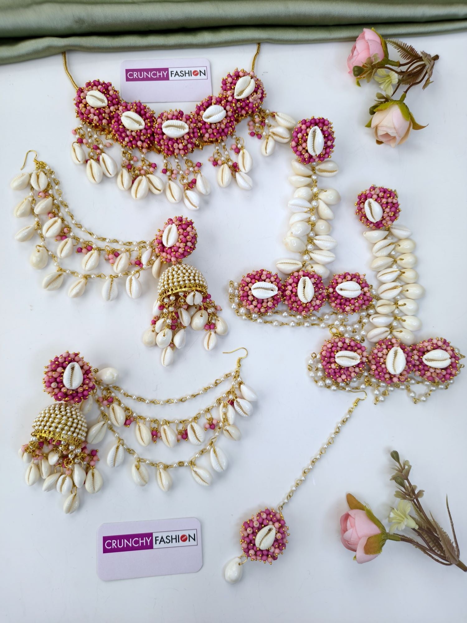 Pink Pearl & Cowrie haldi Jewellery Set with Kaliras, Ear Chain