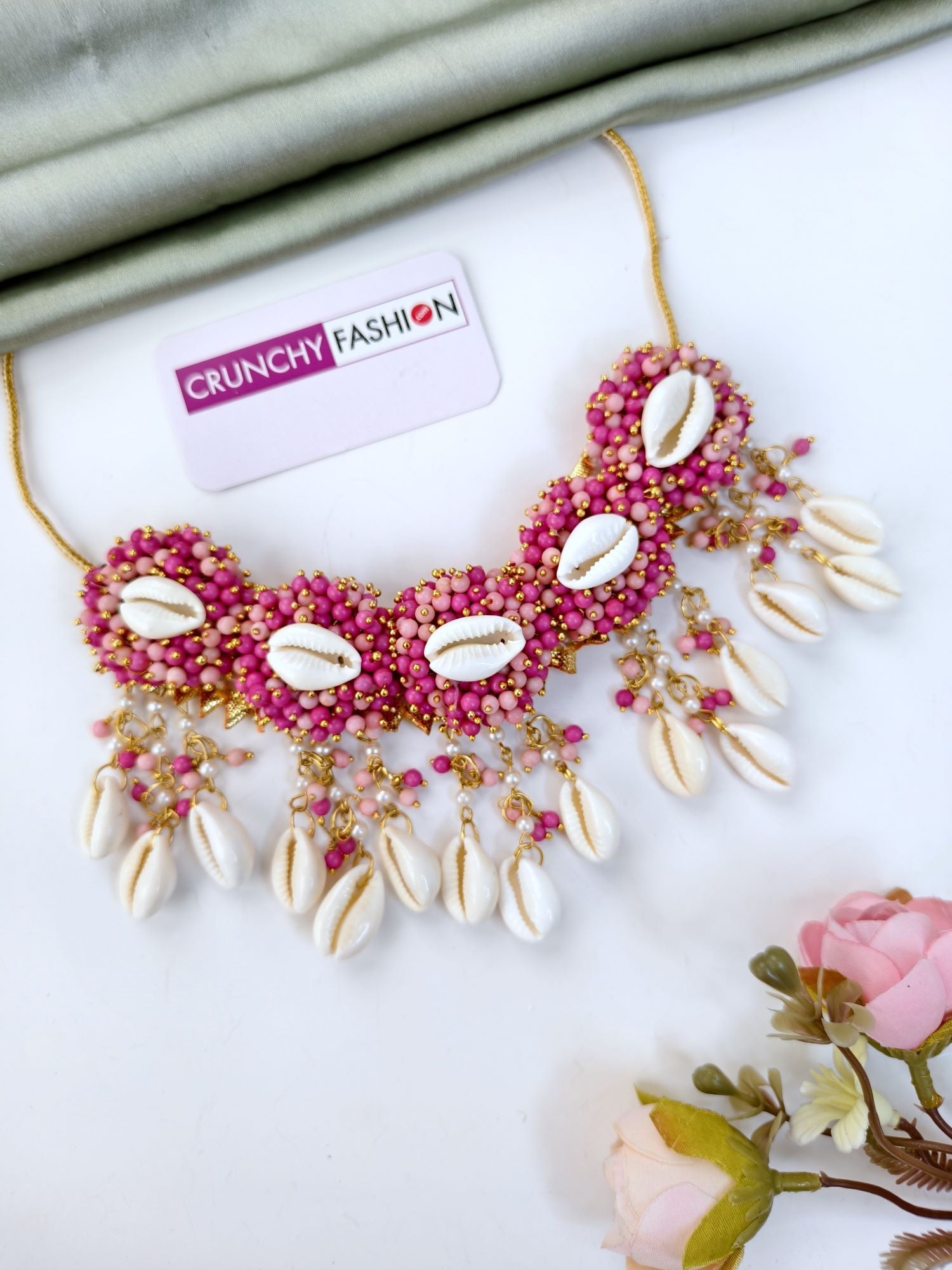 Pink Pearl & Cowrie haldi Jewellery Set with Kaliras, Ear Chain