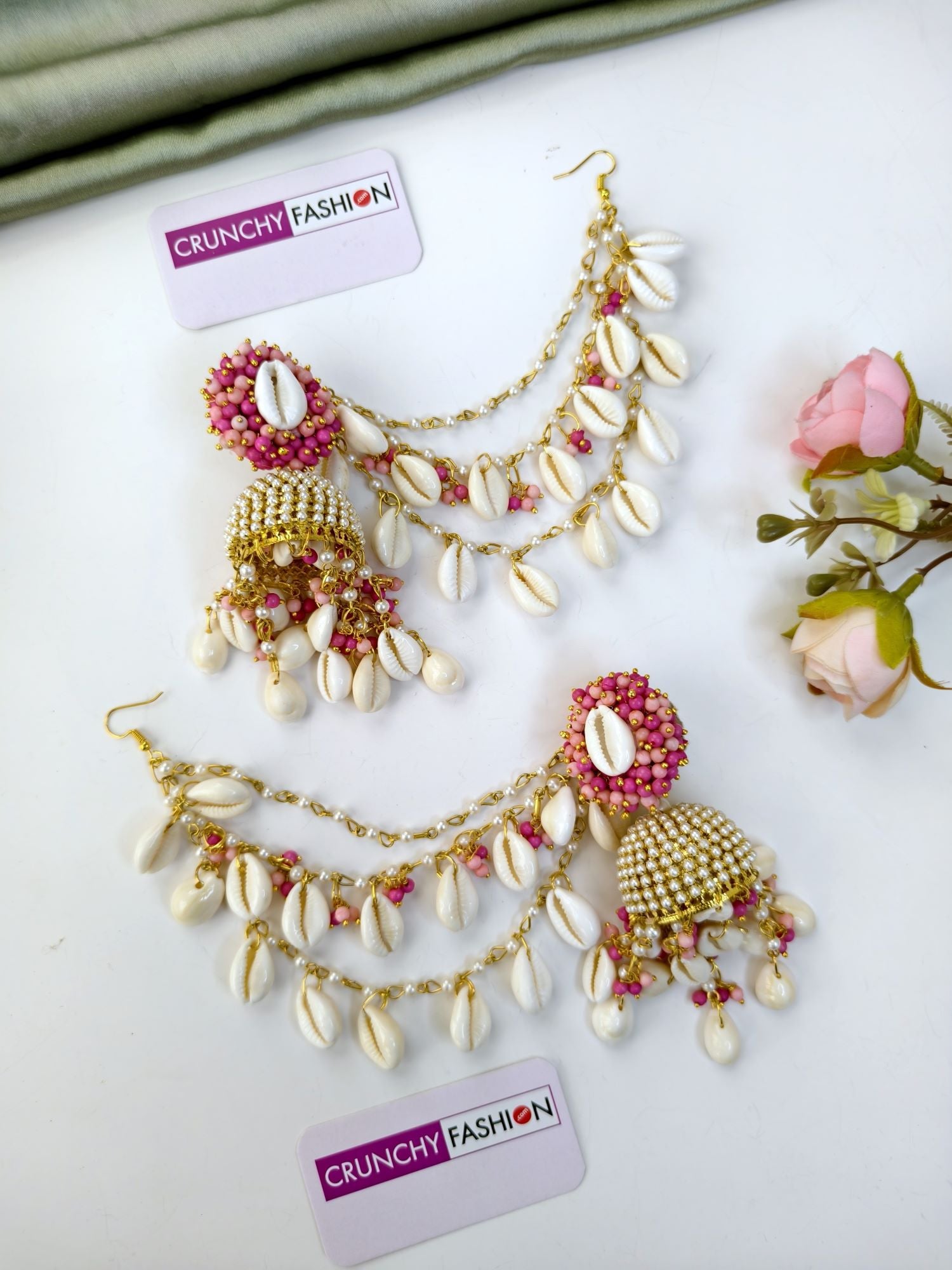 Pink Pearl & Cowrie haldi Jewellery Set with Kaliras, Ear Chain
