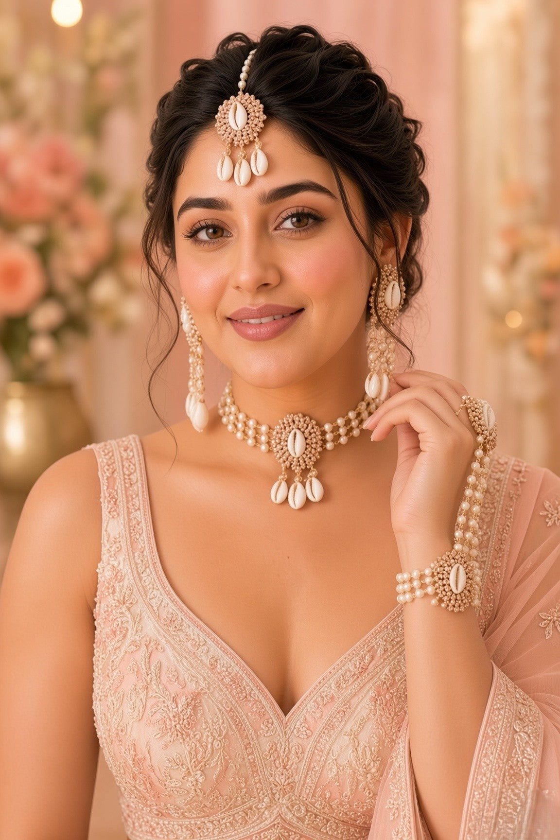 White Pearl & Cowrie Shell Haldi Jewellery Set with Kaliras