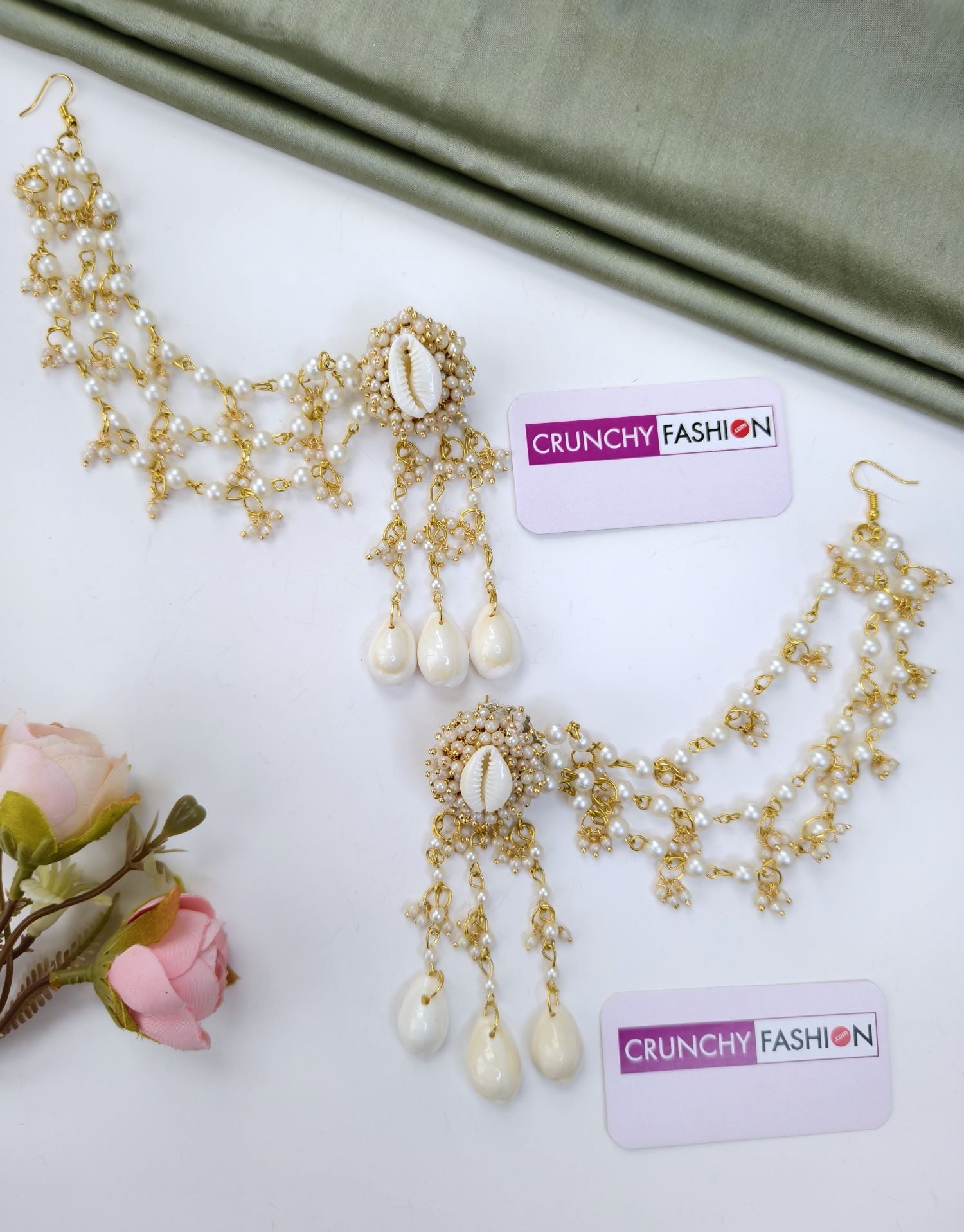 White Pearl & Cowrie Shell Haldi Jewellery Set with Kaliras