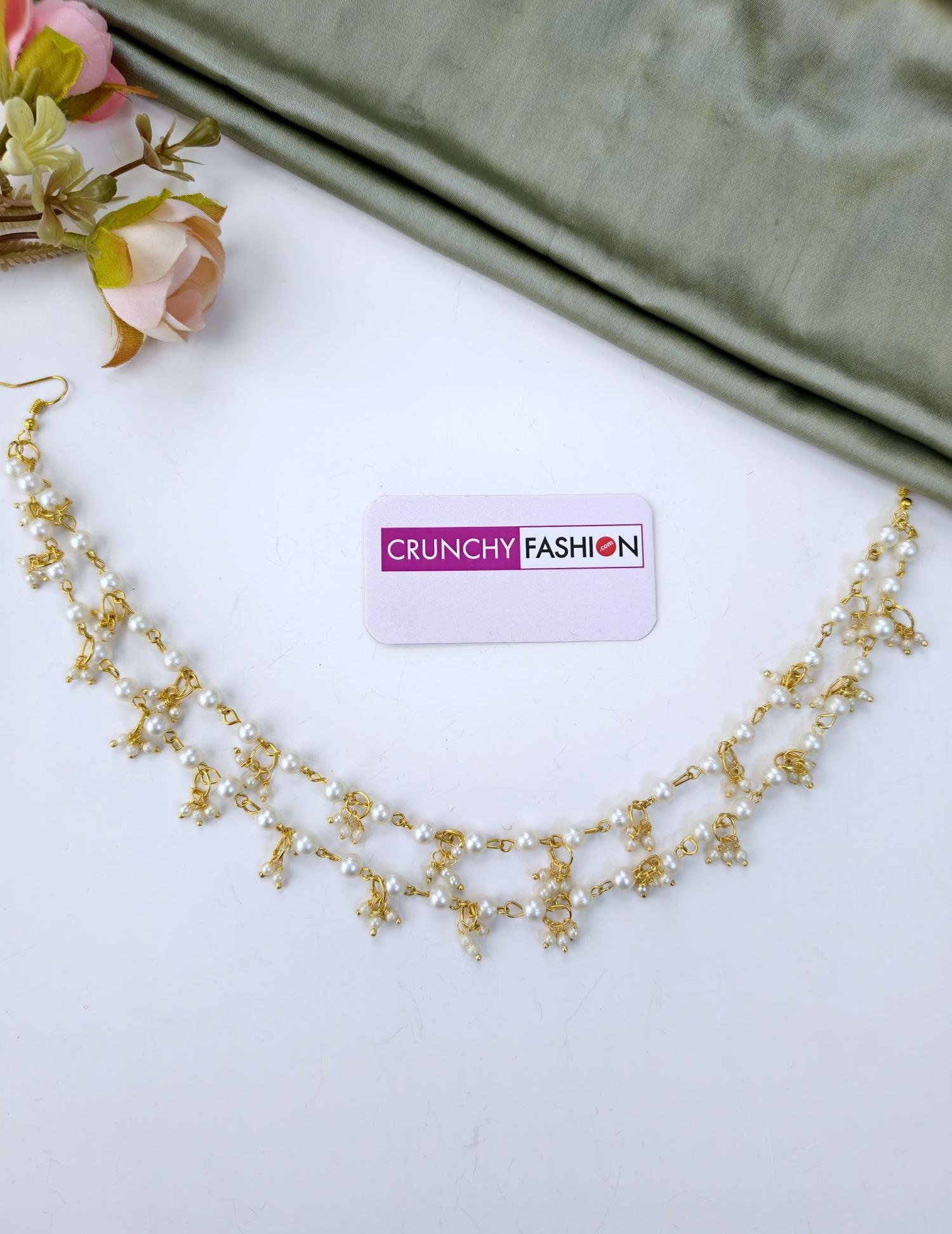White Pearl & Cowrie Shell Haldi Jewellery Set with Kaliras