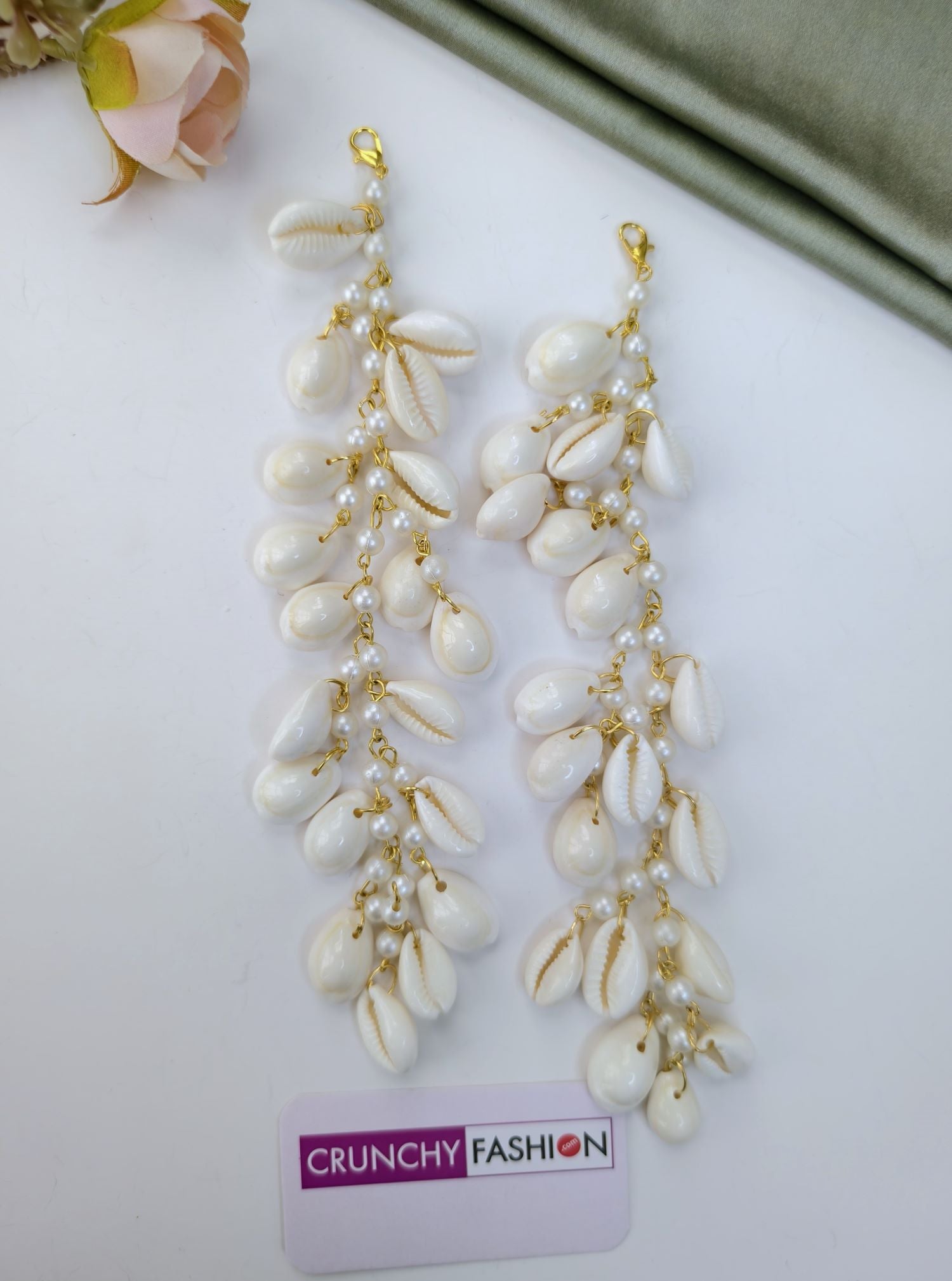White Pearl & Cowrie Shell Haldi Jewellery Set with Kaliras