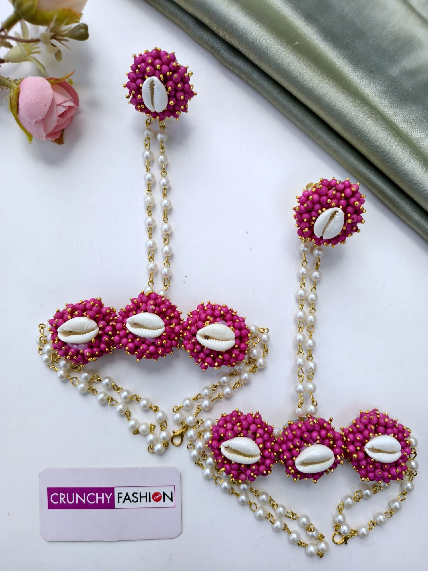 Heer Haldi-Mehndi Set in Pink-  Pearl & Cowrie Shell Handmade Haldi Bridal Set