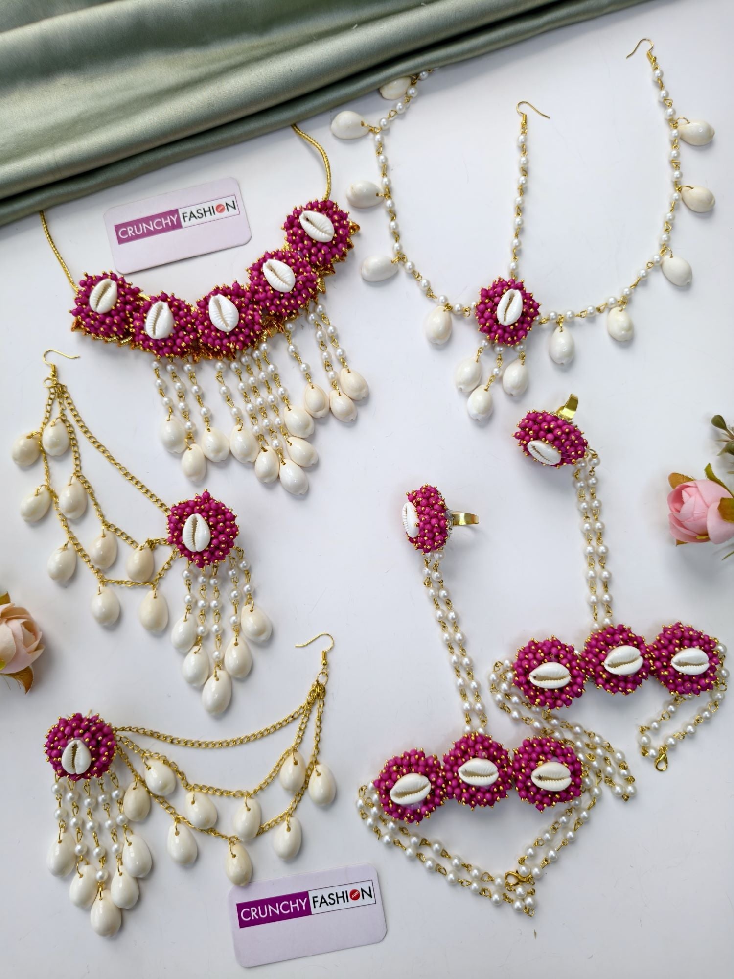 Heer Haldi-Mehndi Set in Pink-  Pearl & Cowrie Shell Handmade Haldi Bridal Set