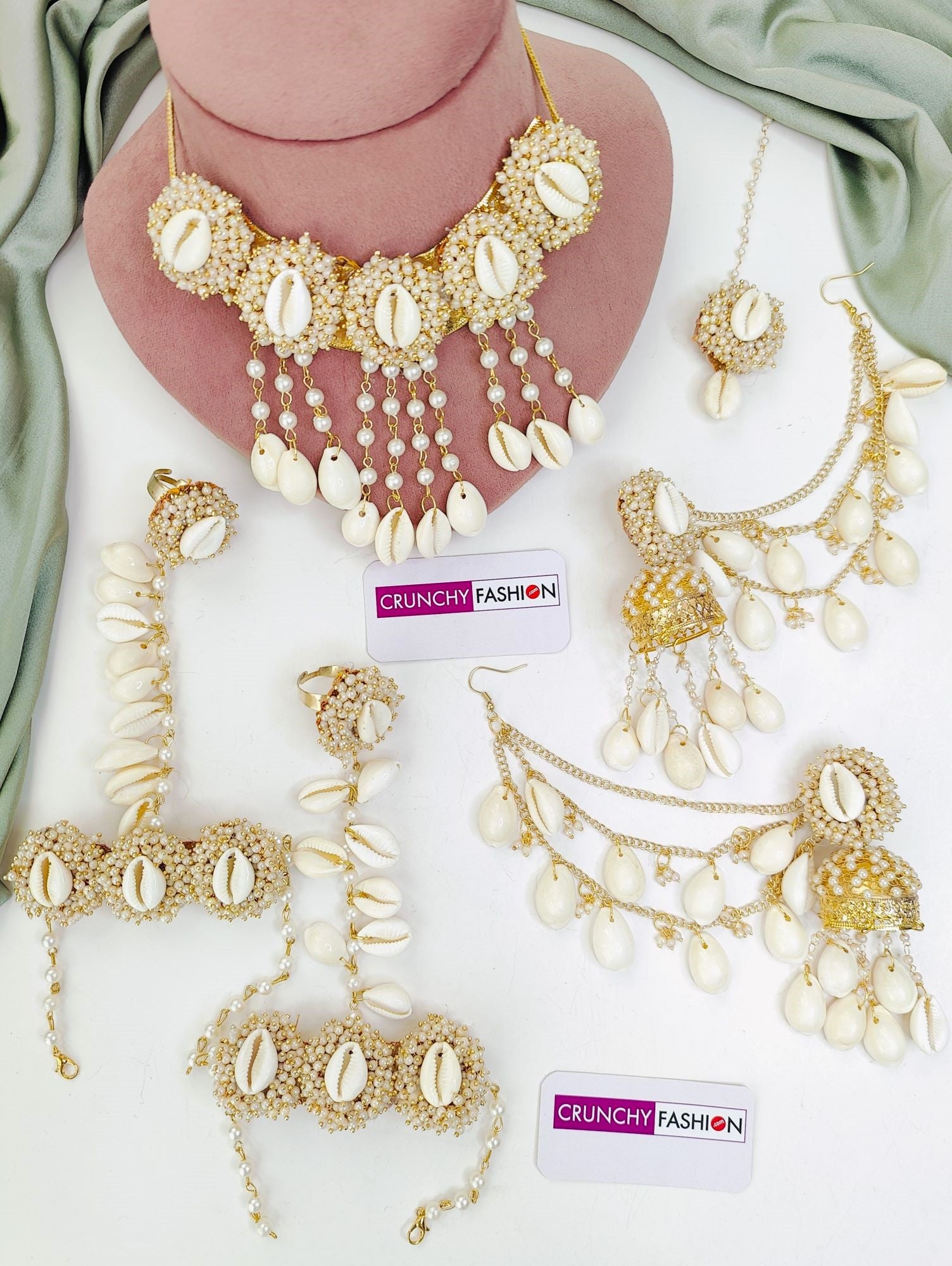 White Shell/Kodi drops Pearl Haldi-Mehndi Jewellery Set for Weddings