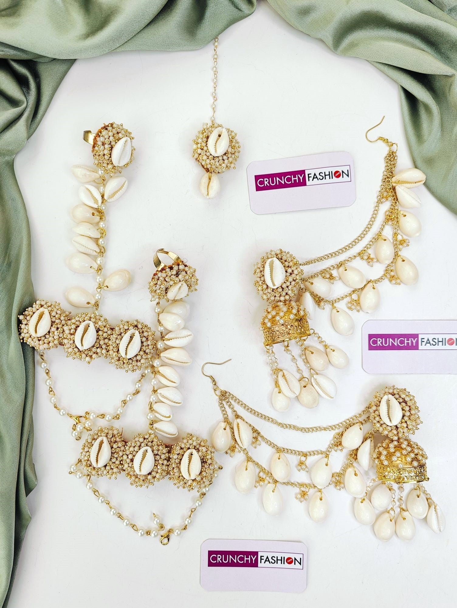 White Shell/Kodi drops Pearl Haldi-Mehndi Jewellery Set for Weddings