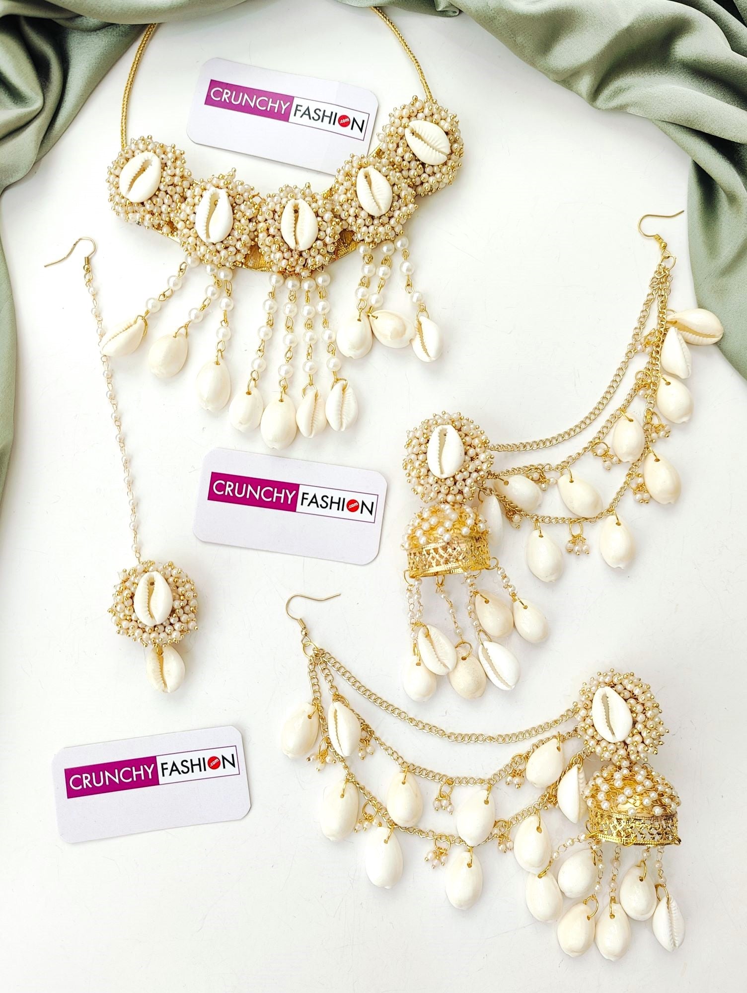 White Shell/Kodi drops Pearl Haldi-Mehndi Jewellery Set for Weddings