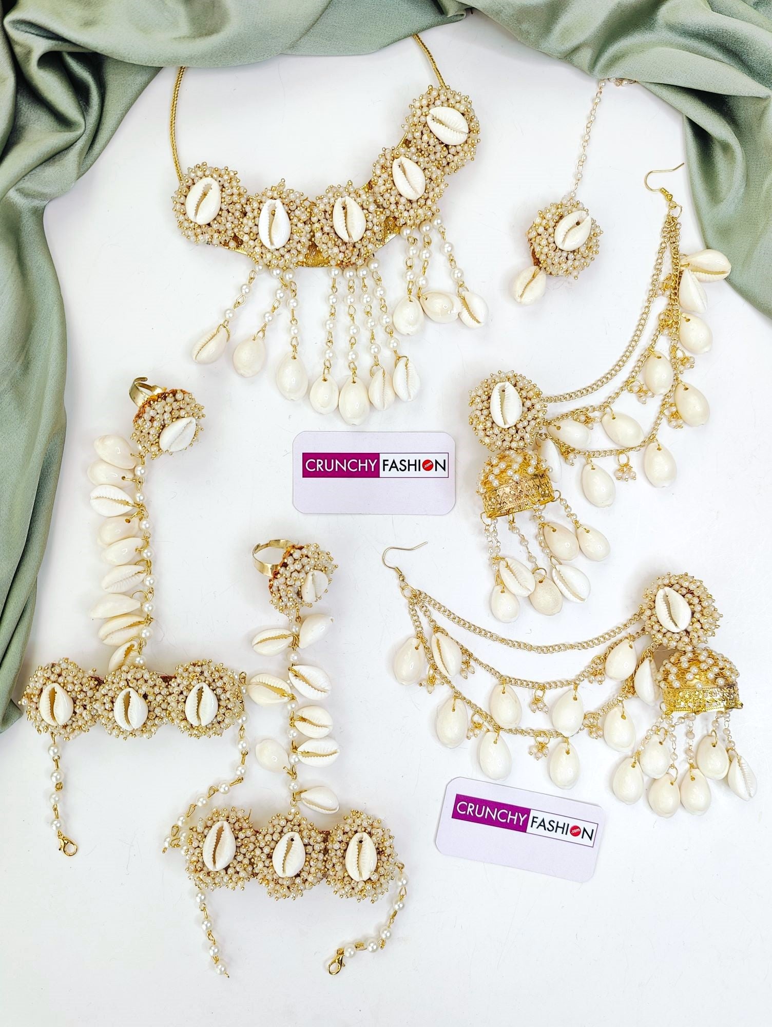 White Shell/Kodi drops Pearl Haldi-Mehndi Jewellery Set for Weddings