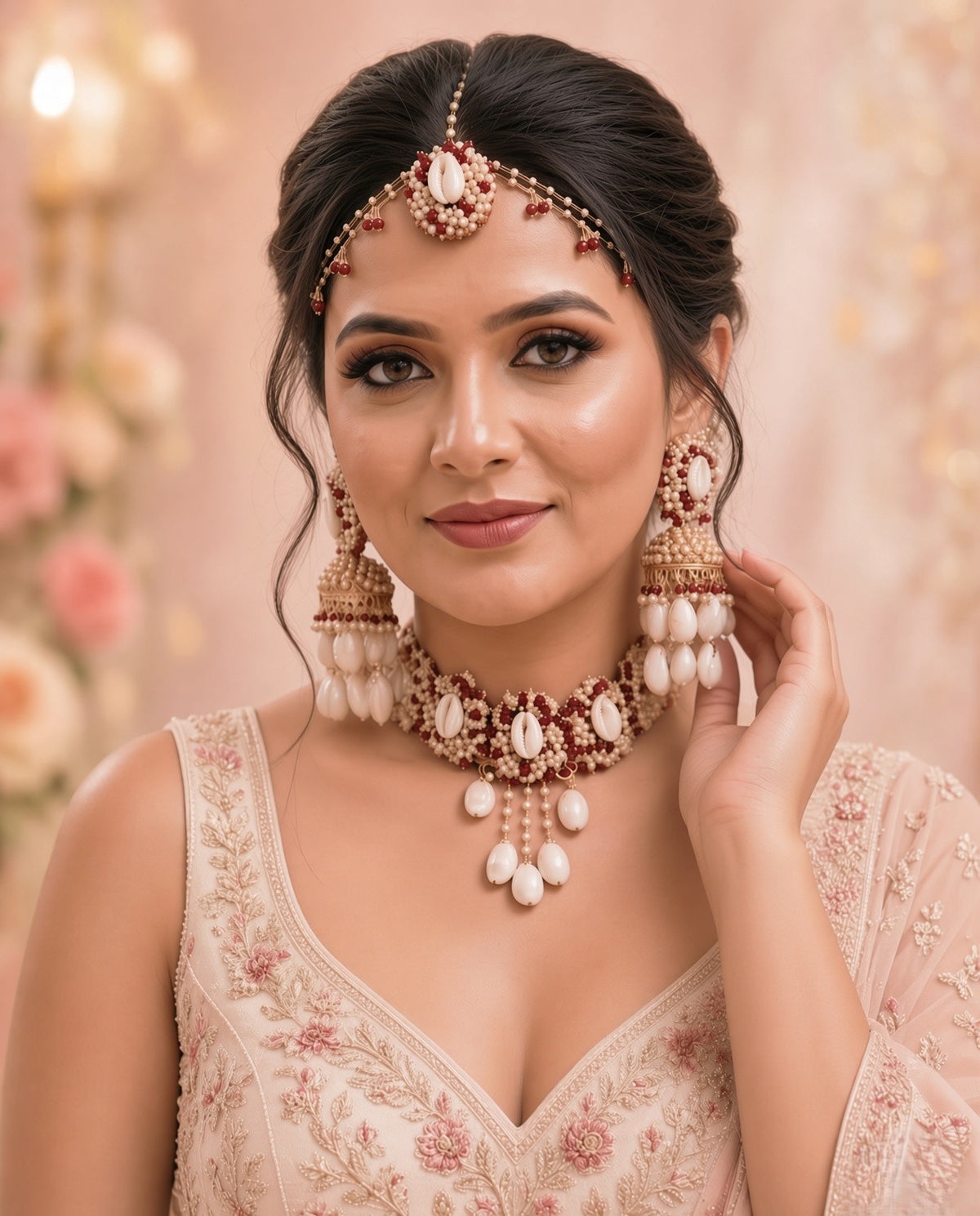 Red-White Pearl & Sea Shell Jewellery Set for Haldi-Mehndi