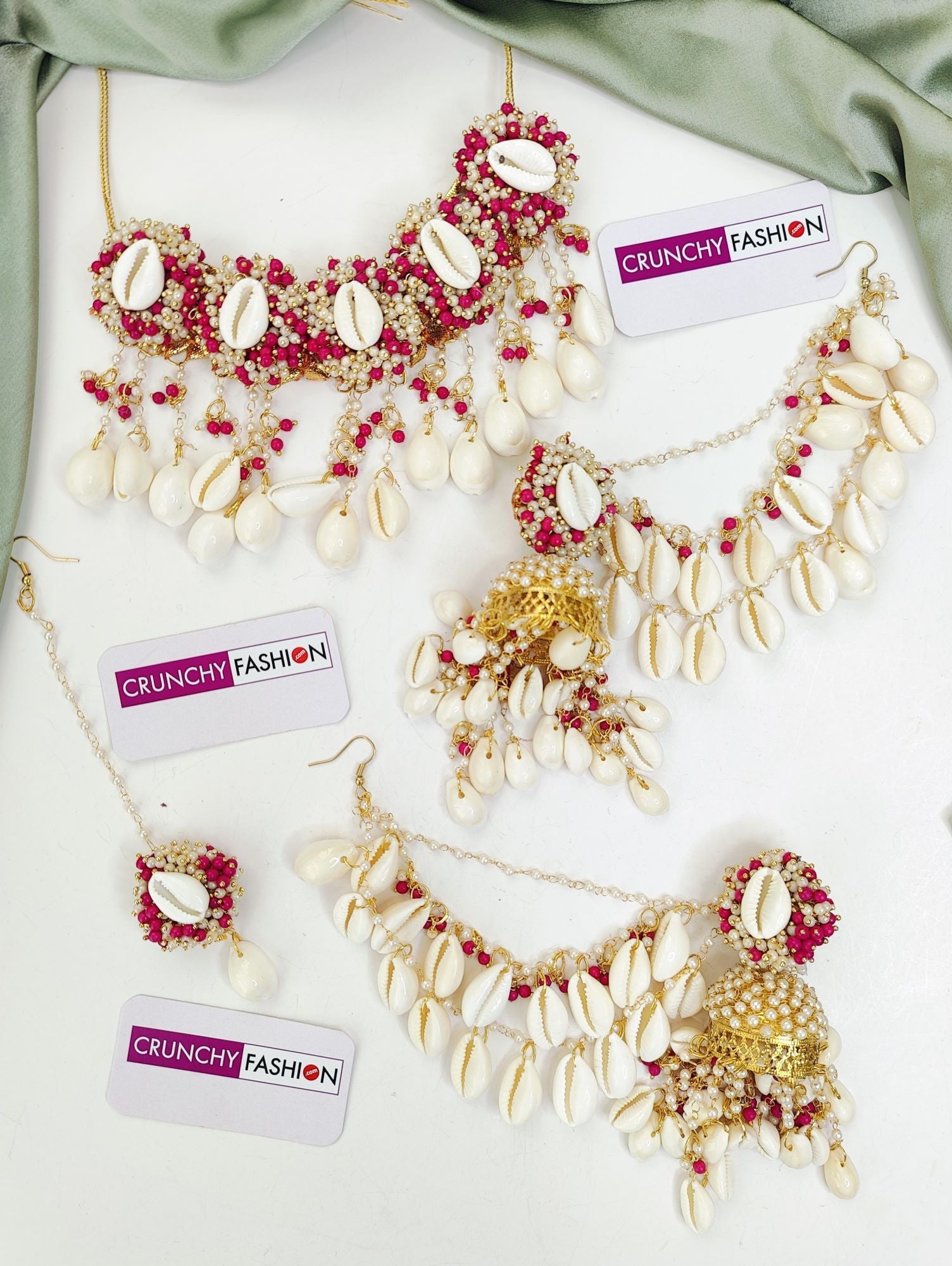 Pink-White Haldi Mehndi Designer Jewellery Set with Gold Plated Sea Shell Flower Design for Women on Festive Occasions