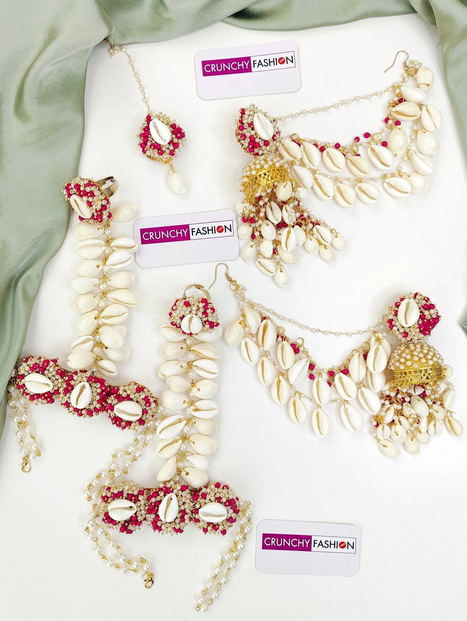 Pink-White Haldi Mehndi Designer Jewellery Set with Gold Plated Sea Shell Flower Design for Women on Festive Occasions