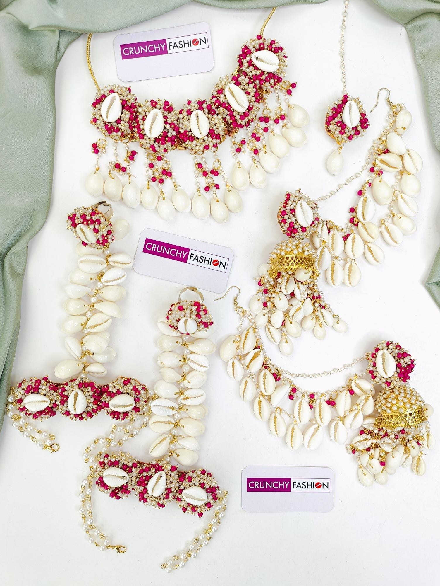 Pink-White Haldi Mehndi Designer Jewellery Set with Gold Plated Sea Shell Flower Design for Women on Festive Occasions