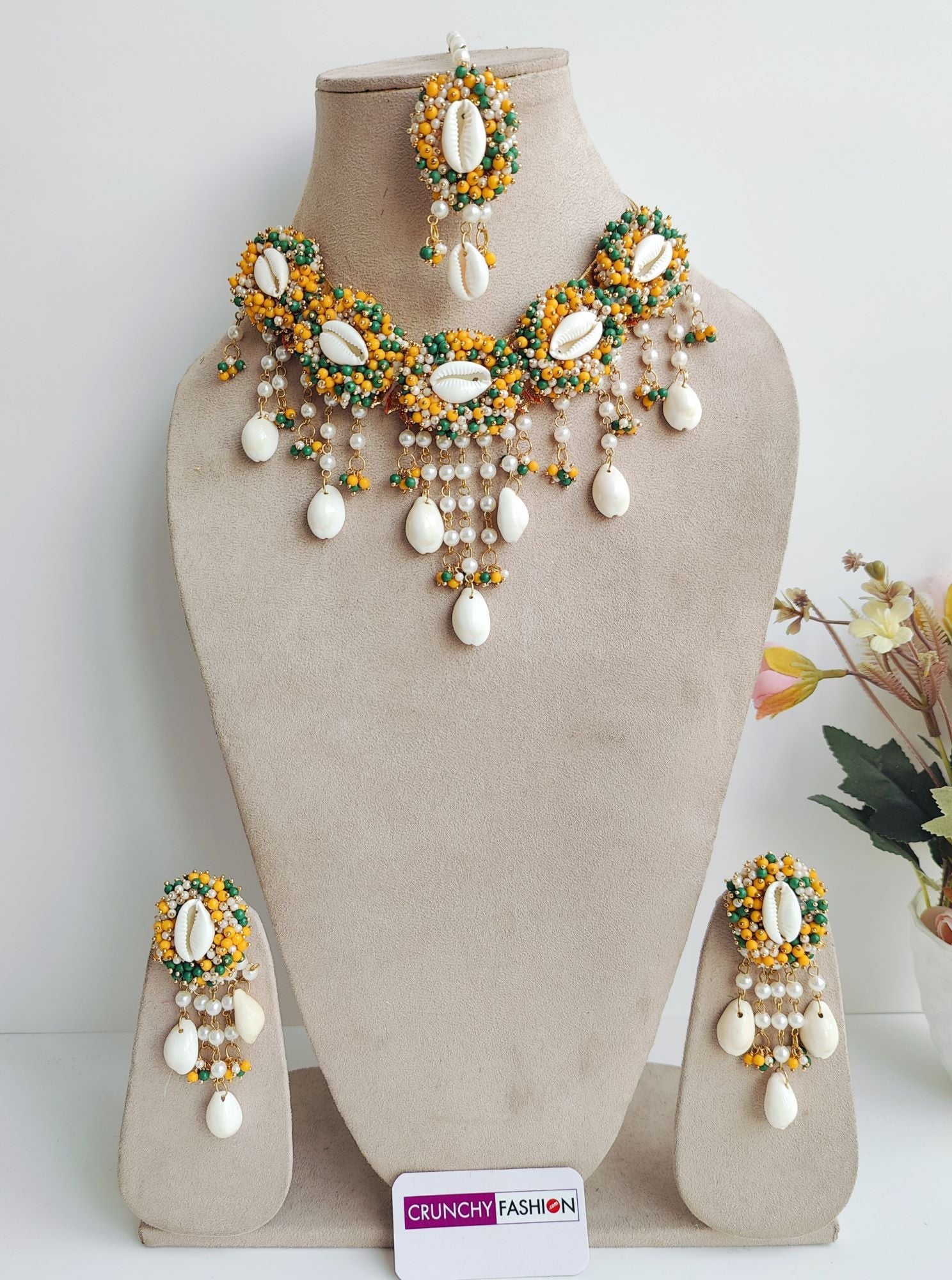 Yellow Haldi Mehndi Sea Shell jewellery set, Gold Plated, Flower Design for Women's Festive and Wedding occasions