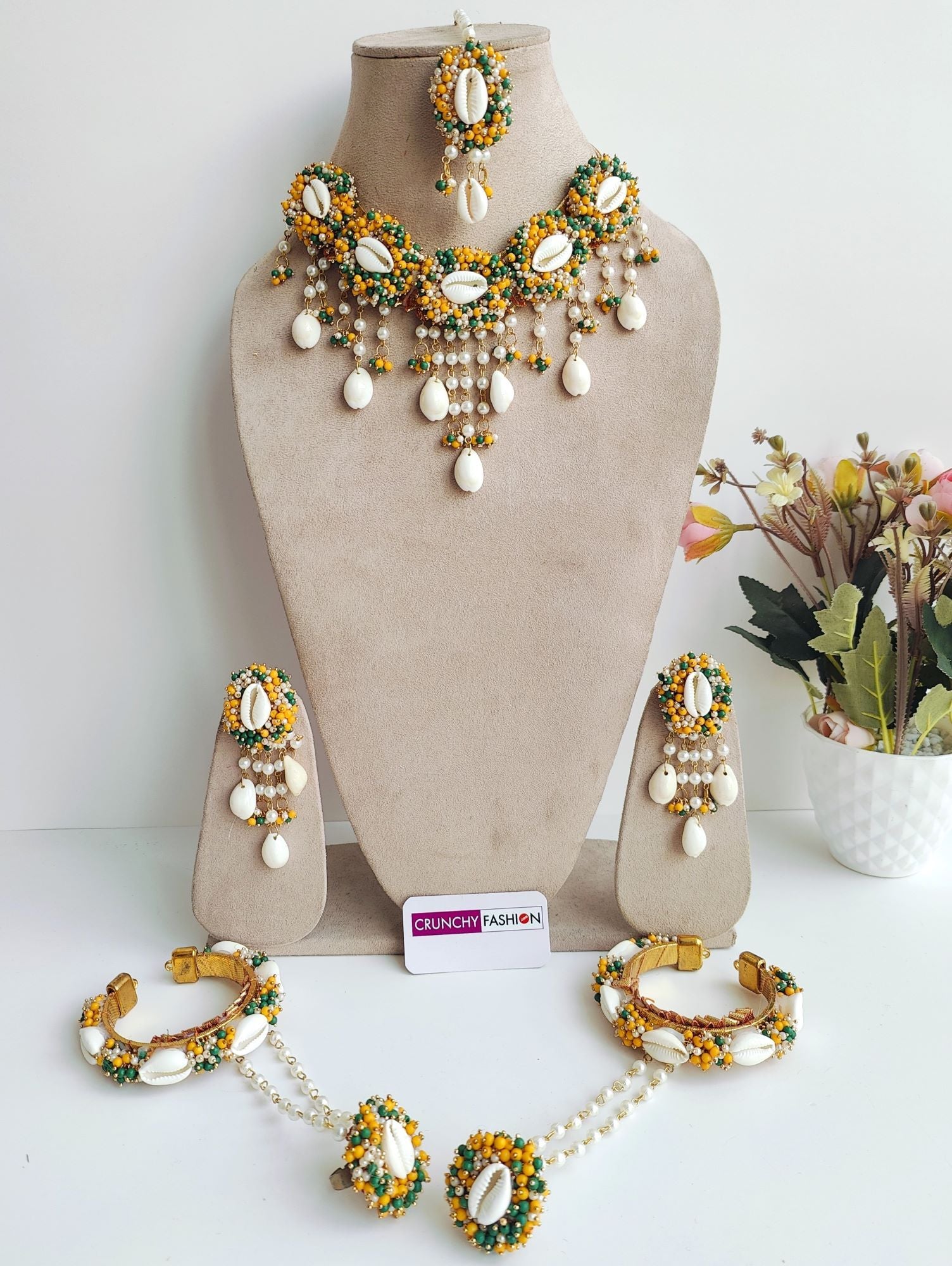 Yellow Haldi Mehndi Sea Shell jewellery set, Gold Plated, Flower Design for Women's Festive and Wedding occasions